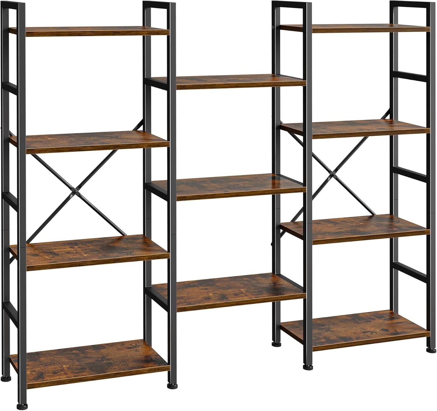 Triple 4 Tier Bookshelf, Bookcase with 11 Open Display Shelves, Wide Book Shelf Book Case for Home &amp; Office, Rustic Brown