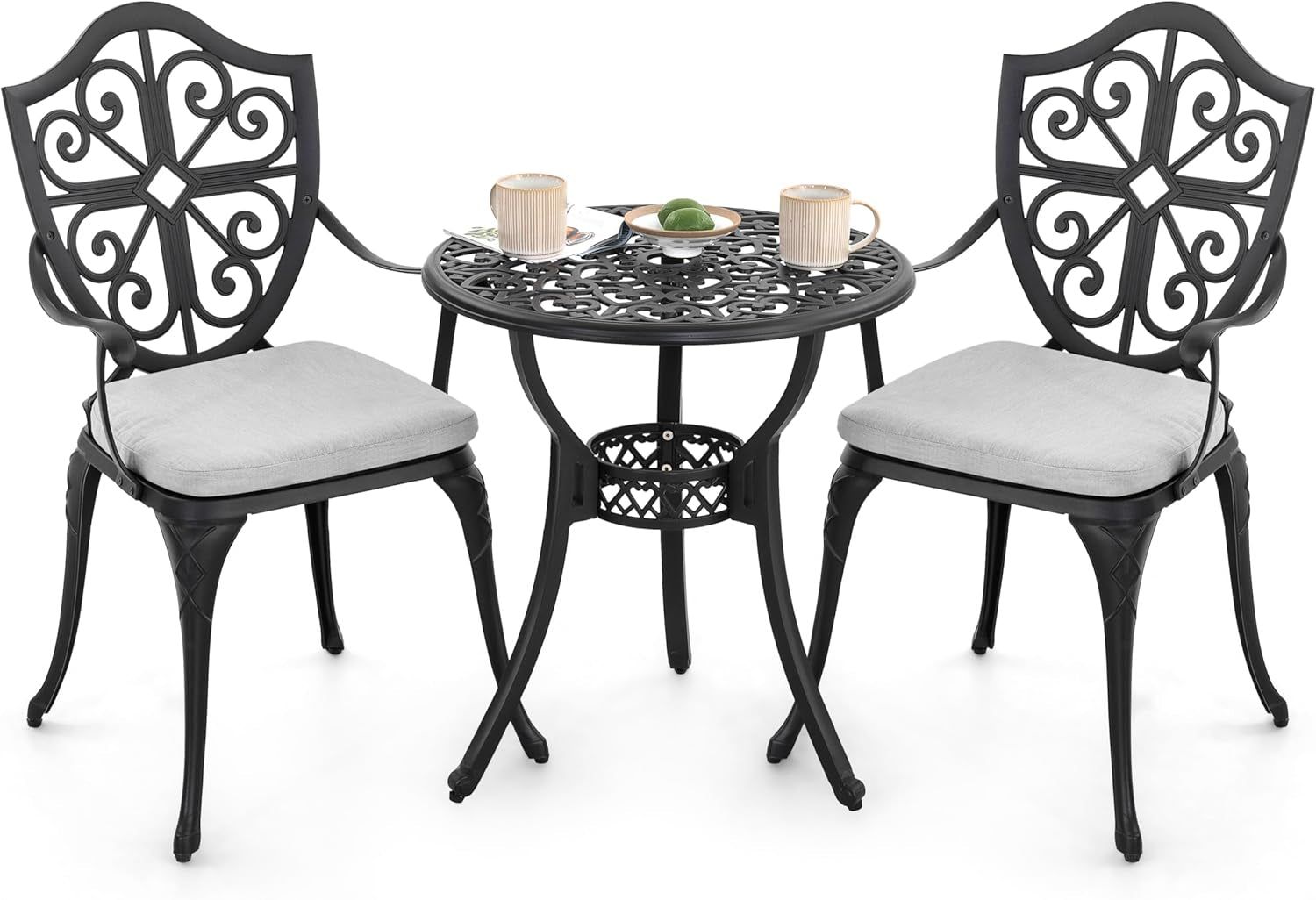 Bistro Set 3 Piece Outdoor, Cast Aluminum Patio Bistro Sets with Umbrella Hole and Grey Cushions, Bistro Table and Chairs Set of 3 for Patio Backyard, Black