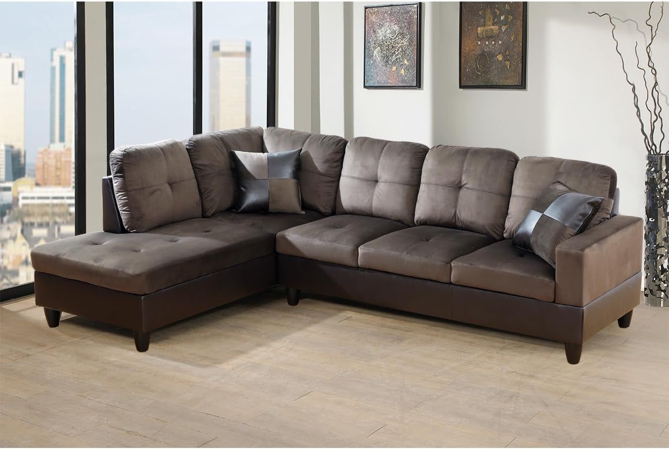 2 Pieces Sectional Sofa Sets, L-Shape Sofa Microfiber Couch Living Room Sofa Set with Chaise Using for Living Room Furniture(A-Brown, Left Hand Facing)