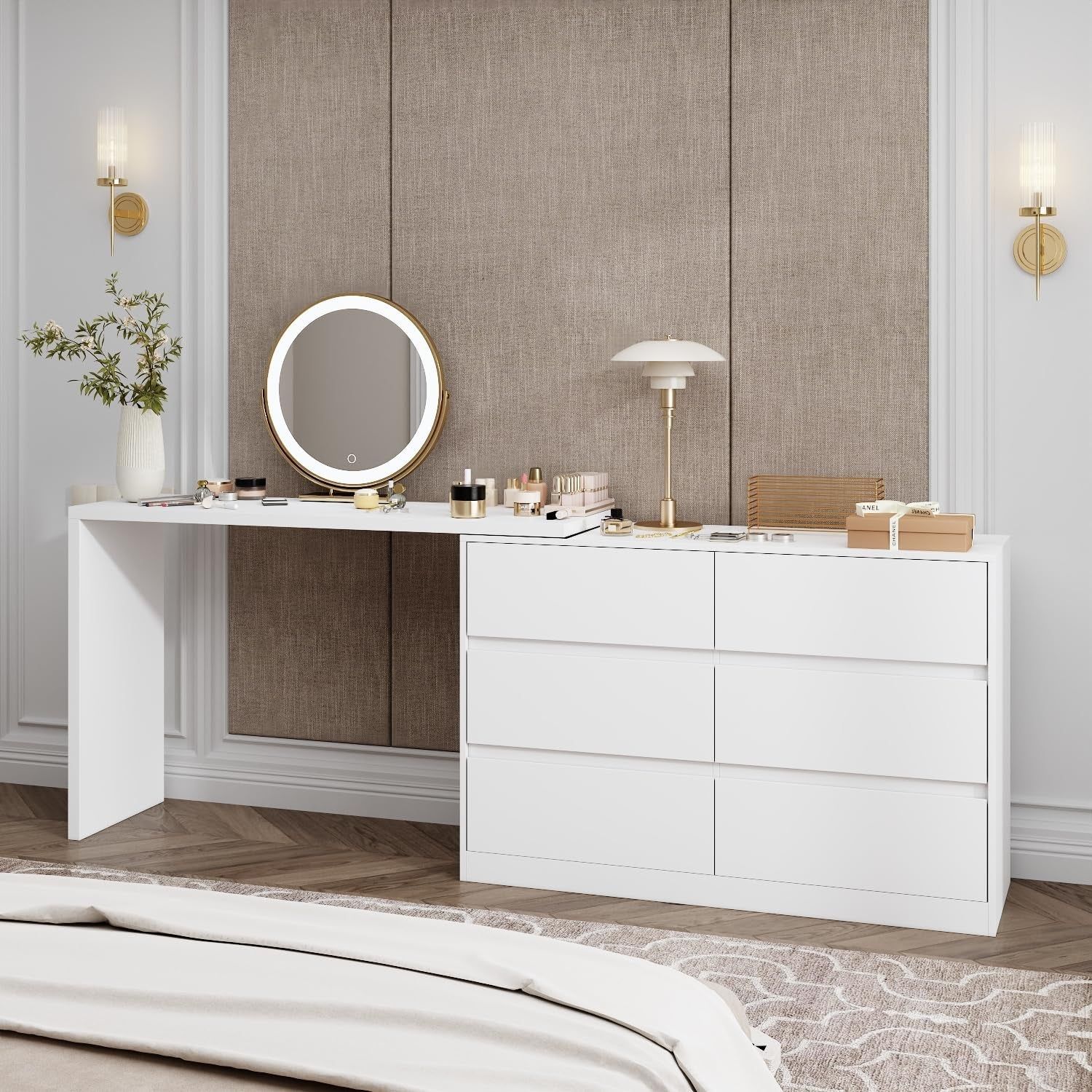 6 Drawer Dresser with Rotatable Tabletop, Modern Chest of Drawers with Extendable Desk (No More than 98&quot; W), Drawer Organizer for Bedroom Home Office, White Dresser