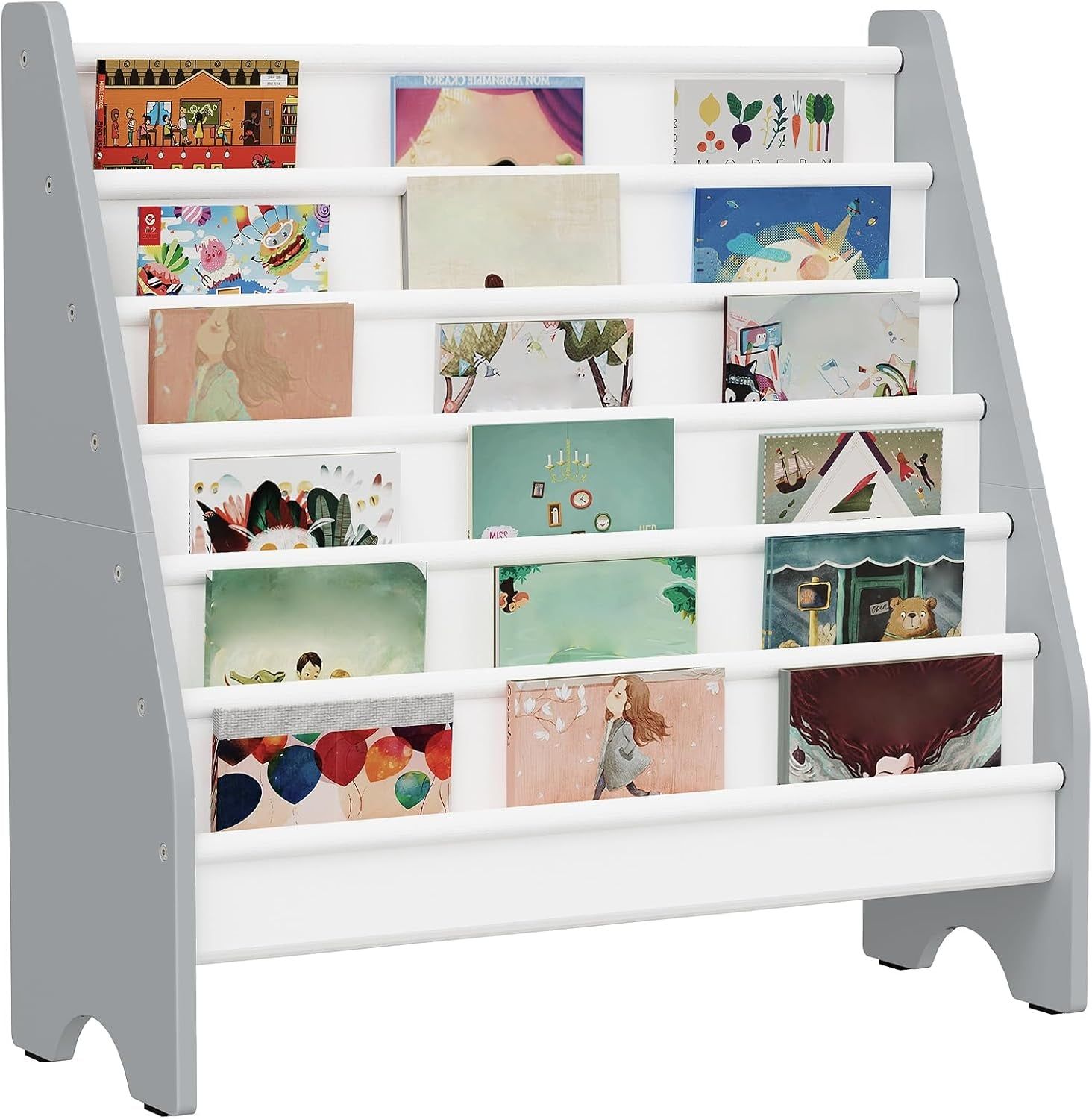 6-Tier Kids Bookshelf, Kids Sling Bookcase, Magazine and Book Storage Rack, Large Capacity Book Organizer, Book Shelf for Kids Room, Bedroom, Nursery, Playroom, White and Gray MCW07WG