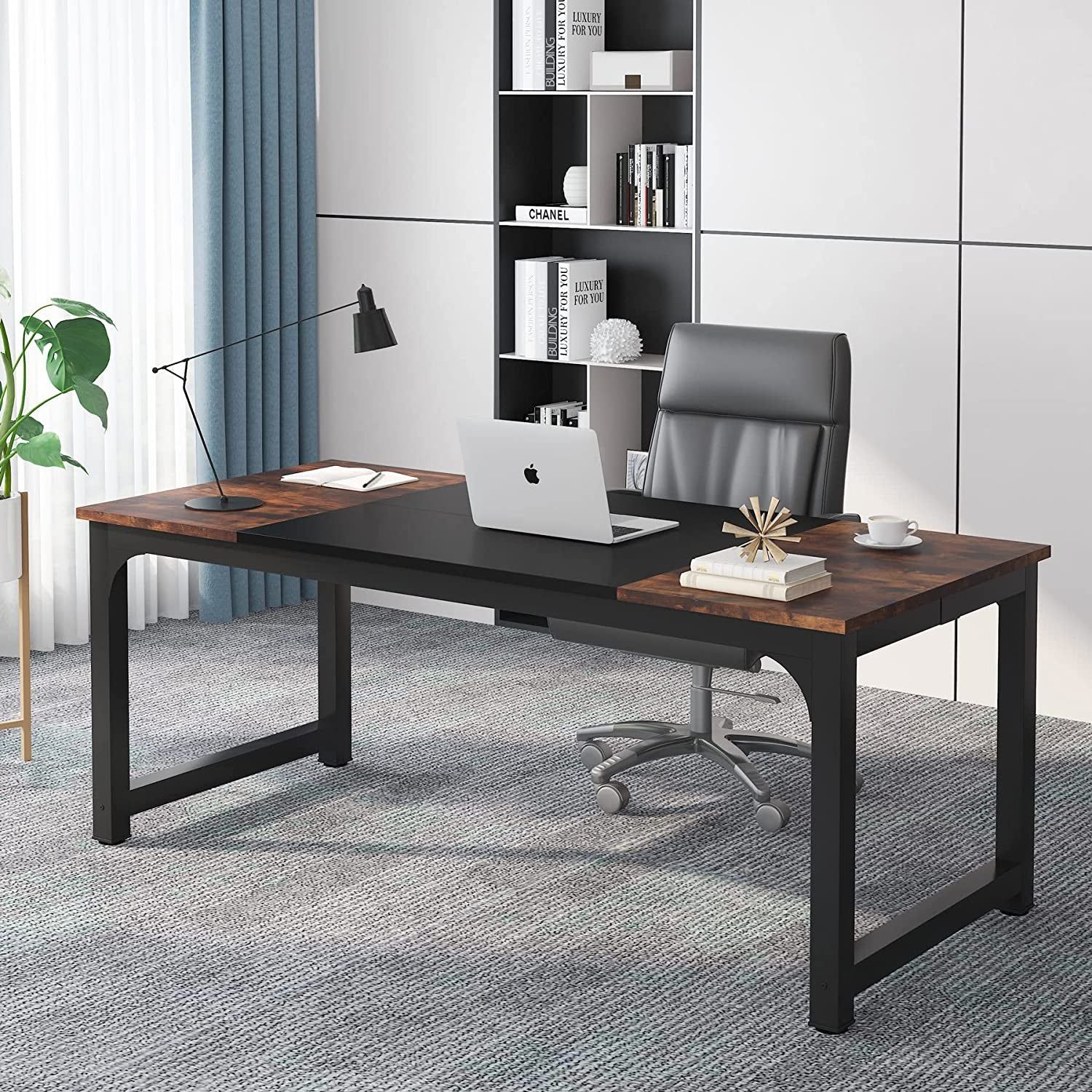 70.8”Executive Desk, Large Office Computer Desk with Thicken Frame, Modern Simple Workstation Business Furniture for Home Office, Rustic Brown/Black
