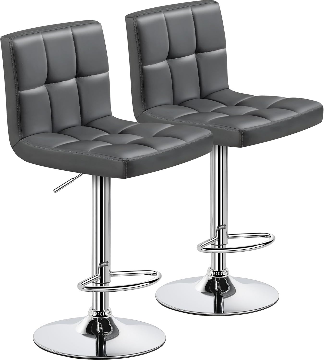 Bar Stools Set of 2, PU Leather Swivel Bar Stools with Backrest, Armless Adjustable Bar Chairs, X-Large Seat Counter Height Barstools for Kitchen Island, Gray