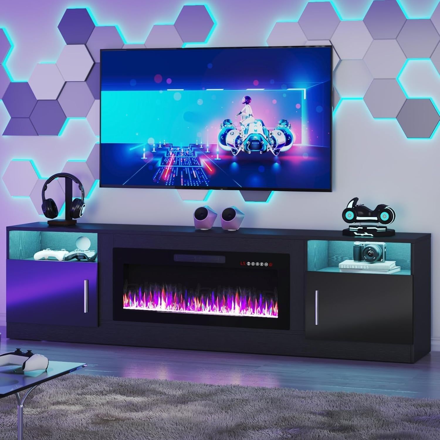 Fireplace TV Stand with 36&quot; Fireplace，80&quot; TV Stand with LED Light for Tvs up to 85&quot;，Entertainment Center Console Table with Highlight Storage Cabinets (Black)