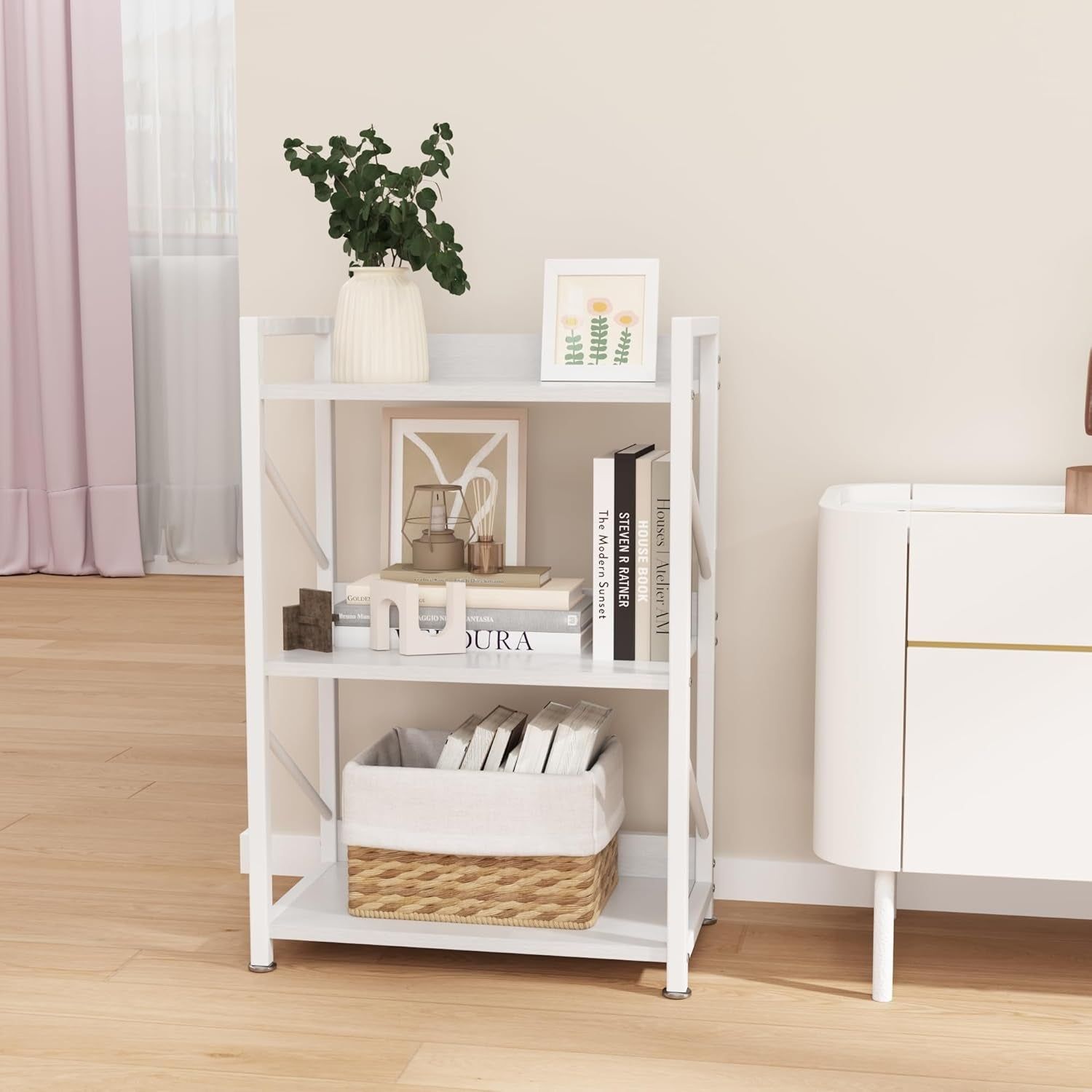 Small Bookshelf for Small Spaces,Modern 3 Tier Bookcase Night Stand, Narrow Book Shelf Organizer, Small Shelf Open Display Rack for Bedroom, Living Room, Home Office(White)