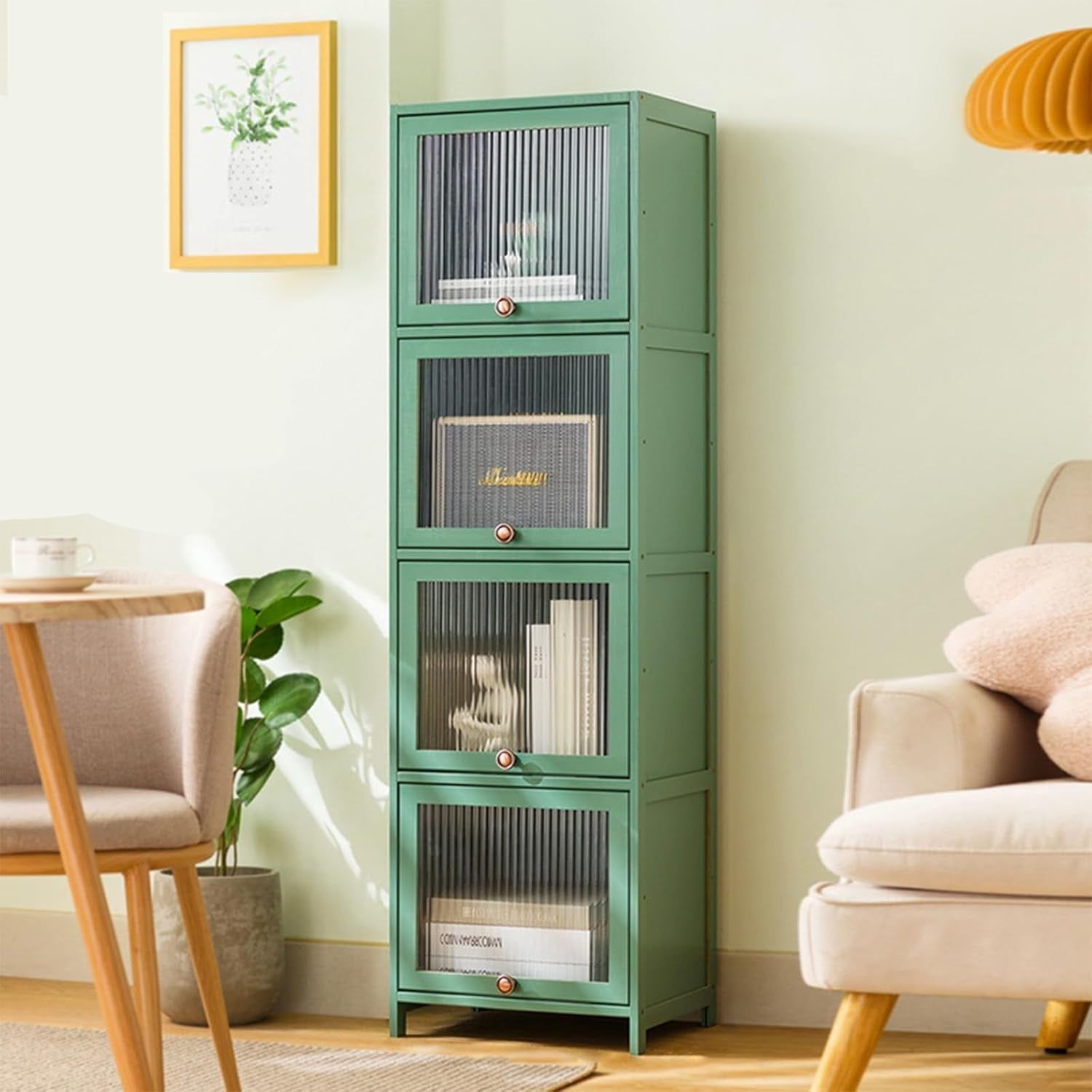Bookcase with Clear Doors, 4-Tier Tall Bookshelf with Storage Cabinet, Bamboo Book Shelf and 4 Cube Organizer Book Case for Living Room, Freestanding Storage Cabinet (4-Tier Green)