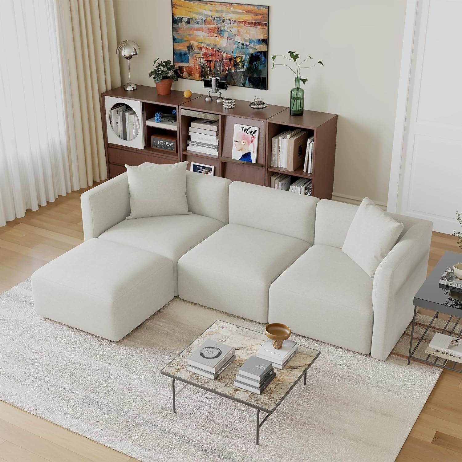 Luxury L-Shaped Upholstery Convertible Modular Sectional Sofa, Contemporary Reversible Couch with Chaise Lounge for Living Room, Apartment, Linen-Like Cream