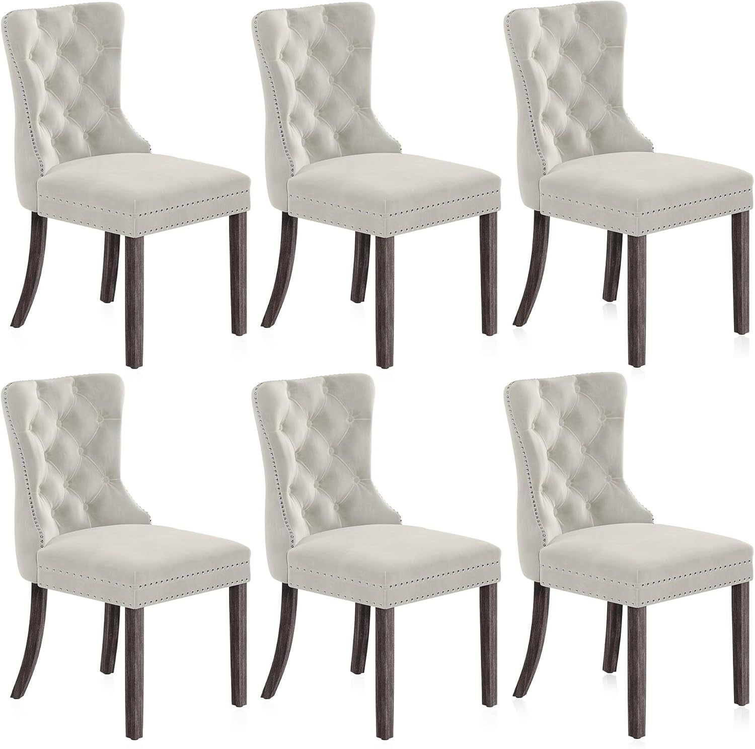 Upholstered Dining Chairs Set of 6, Velvet Luxury Dining Room Chairs with Button Back, Nailhead Trim, Pull-Ring, Solid Wood Legs for Kitchen, Living Room, Restaurant - Chandler (Beige)