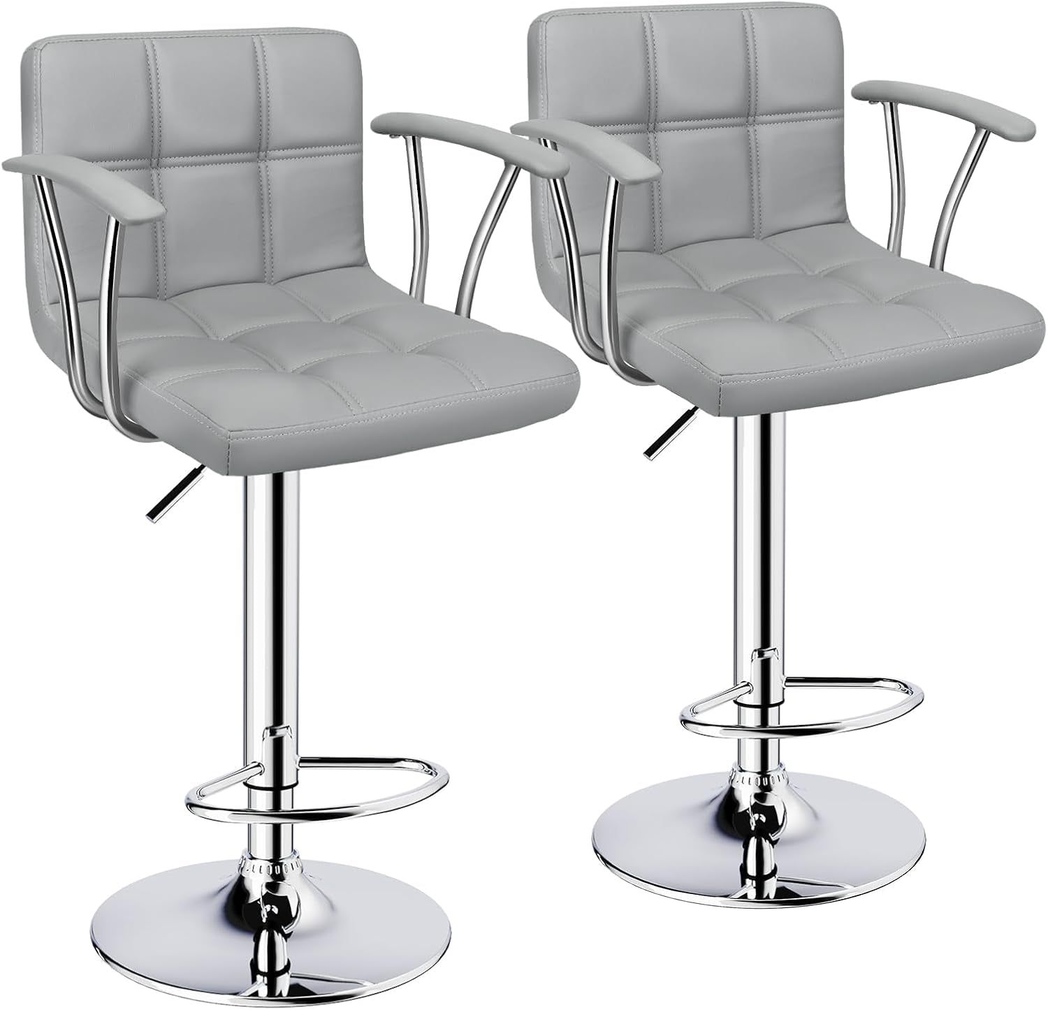 Bar Stools Set of 2,Armrest Adjustable Swivel Barstools with Back,Double Needle PU Leather Counter Height Bar Stools for Kitchen Island, Light Grey