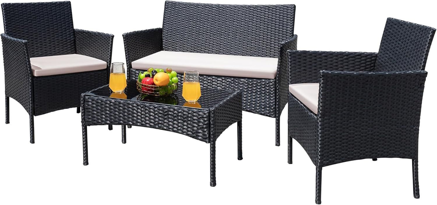 Patio Furniture 4 Pieces Conversation Sets Outdoor Wicker Rattan Chairs Garden Backyard Balcony Porch Poolside Loveseat with Cushion and Glass Table, Black and Beige
