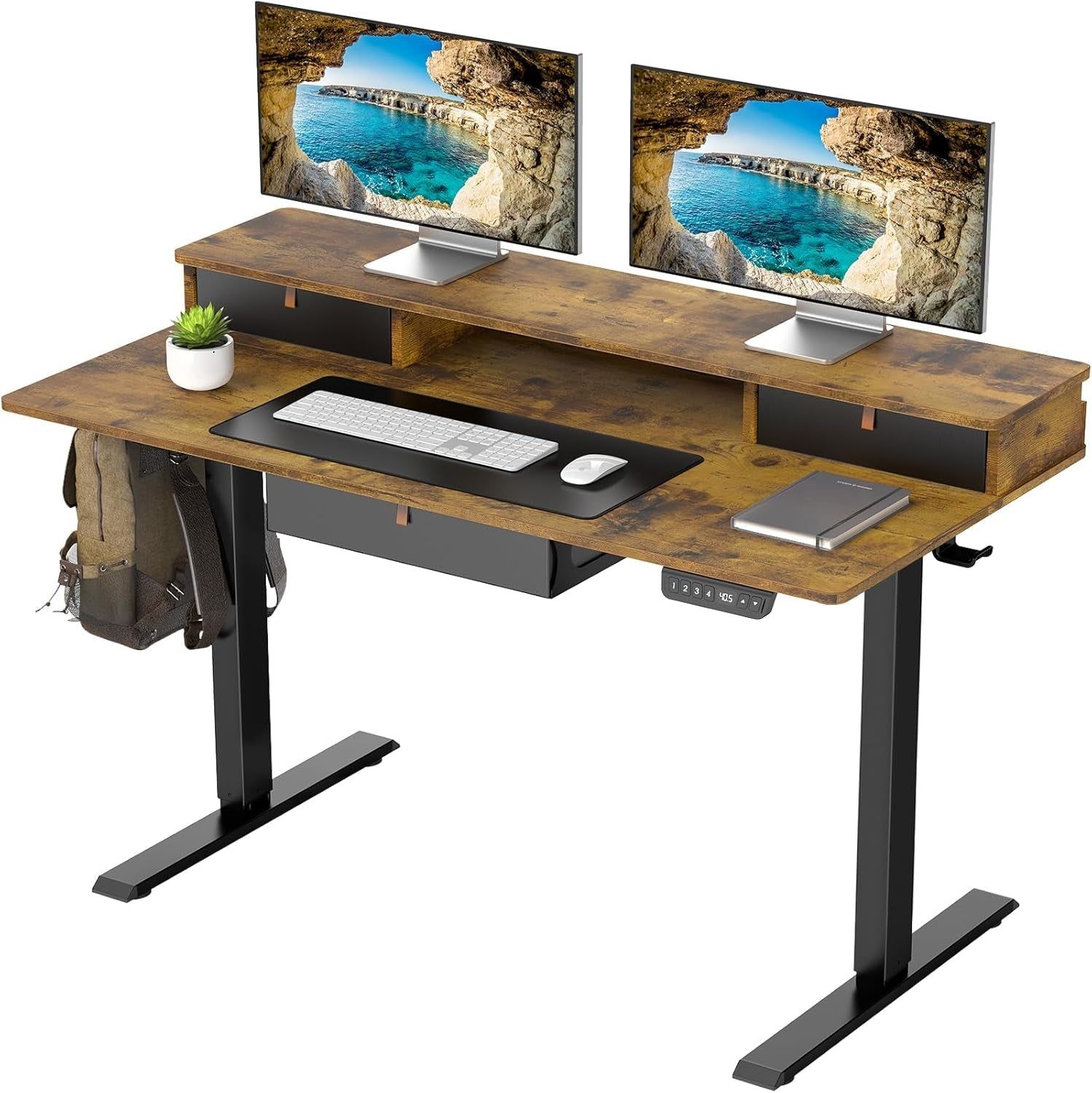 Standing Desk with 3 Drawers and Raised Storage Shelf, Electric Height Adjustable Sit Stand Table, Ergonomic Office Computer Desks for Workstation, Home, Study, Writing, Gaming, 47.2 Inch, Brown