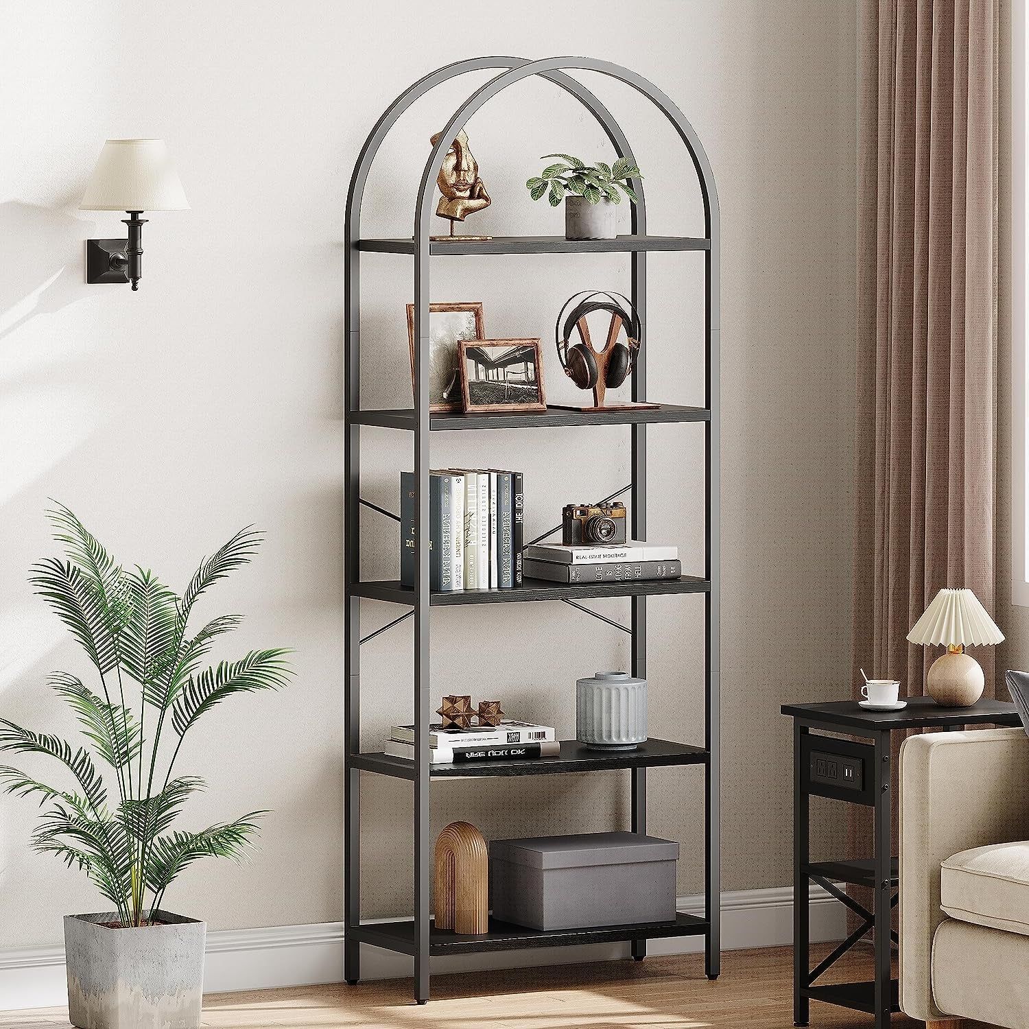 Bookshelf 5 Tier Bookcase Arched Display Racks Tall Standing Bookshelves Metal Frame Open Storage Rack Shelf Large Black Book Shelf for Bedroom, Living Room, Home Office