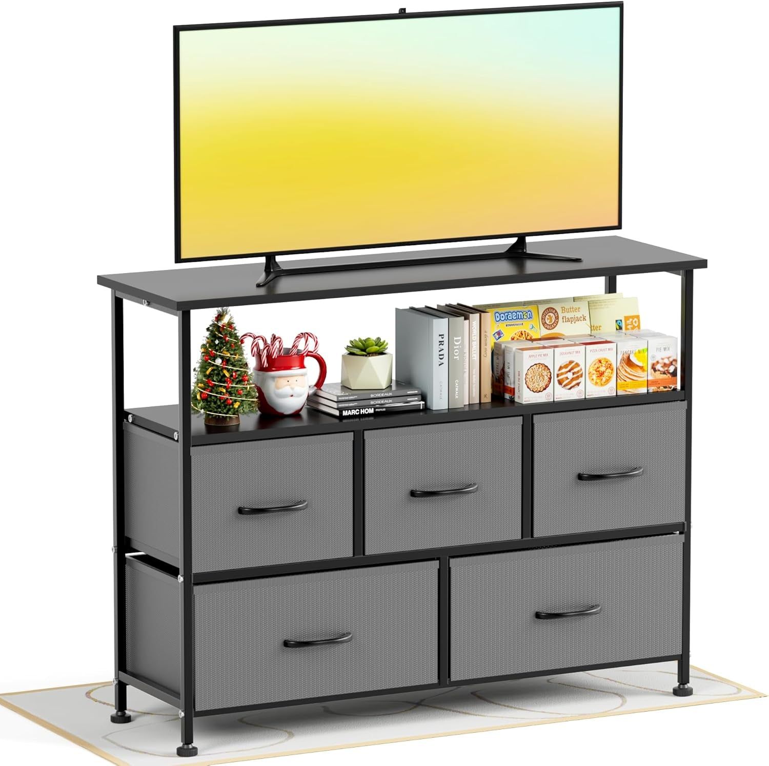 TV Stand Dresser for Bedroom Entertainment Center with 5 Fabric Drawers, Storage Organizers Units for Living Room, Media Console Table with Open Shelf up for 45&quot; TV, Gray, Wood Top