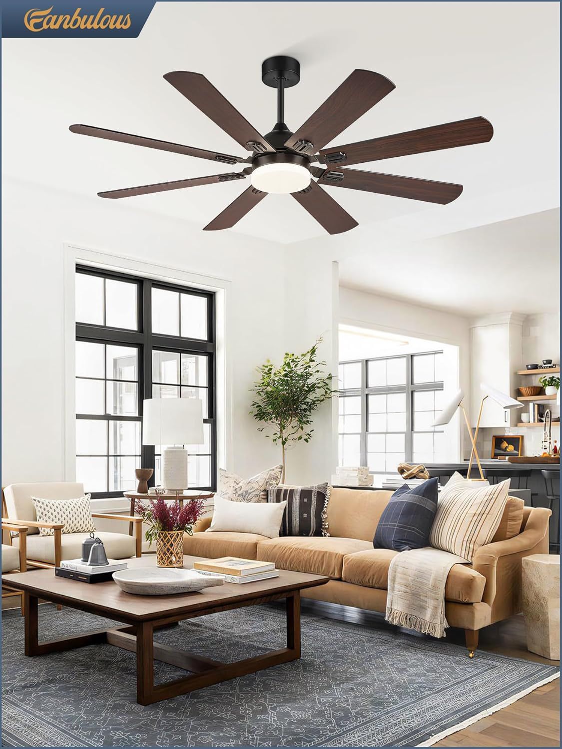 62 Inch Ceiling Fans with Lights, Black Modern Ceiling Fan with Remote,Large Farmhouse Indoor &amp; Outdoor Ceiling Fan with 8 Dual Finish Blades, Quiet DC Motor, Bright LED Light