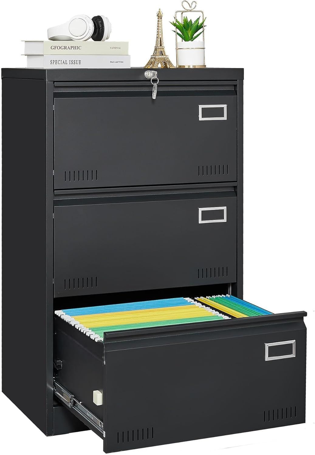 Lateral File Cabinet 3 Drawer File Cabinet with Lock and Card Holder, Metal Steel Lockable Drawer File Cabinets under Desk for Home Office Legal/Letter/F4/A4 Black
