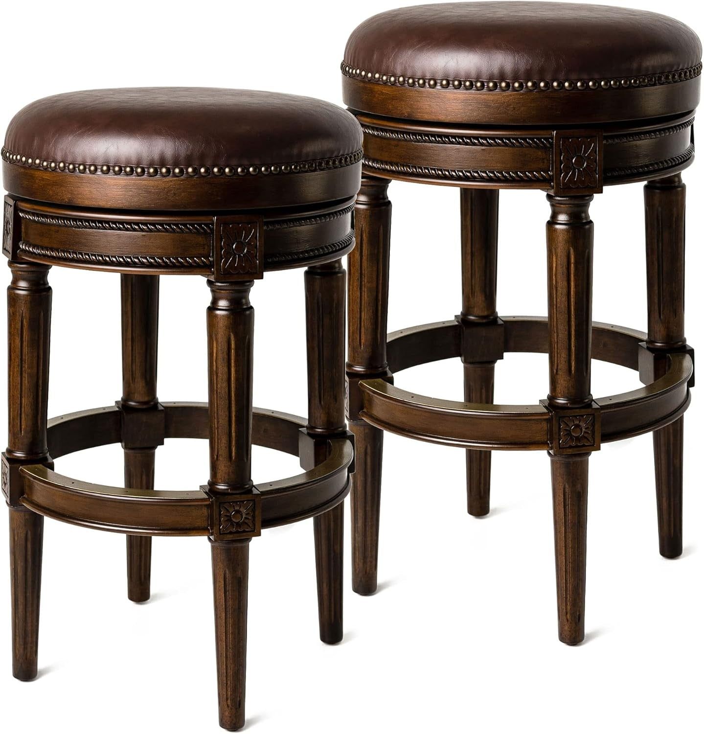 Pullman 31 Inch Tall Bar Height Upholstered Backless Barstool in Dark Walnut Finish with Vintage Brown Vegan Leather Cushion Seat, Set of 2