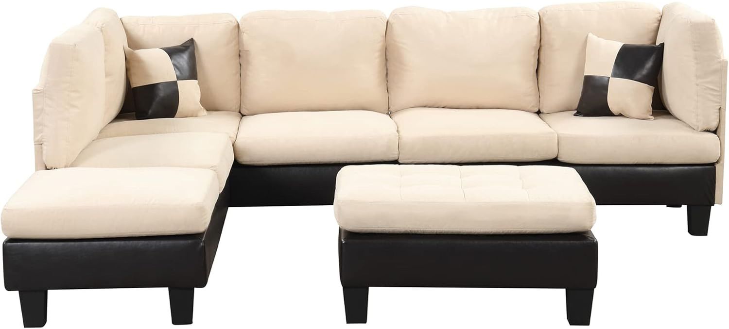 Modern 3 Piece Microfiber and Faux Leather L Shaped Sectional Sofa with Reversible Chaise &amp; Ottoman, Large Living Room Furniture, Beige