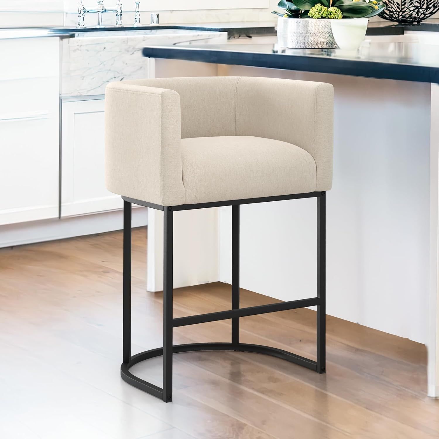27&quot; H Counter Height Bar Stools, Modern Barrel Counter Stools with Backrest and Arms, Black Metal Frames, Linen Fabric Upholstered Accent Barstools for Kitchen Island, Linen Color
