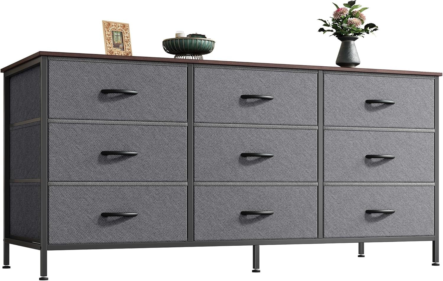 9 Drawer Dresser, 47 Inch Dresser TV Stand for 50, 55 Inch TV, Entertainment Center with Drawers, Fabric Dresser Chest of Drawer for Bedroom, Closet, Dark Grey