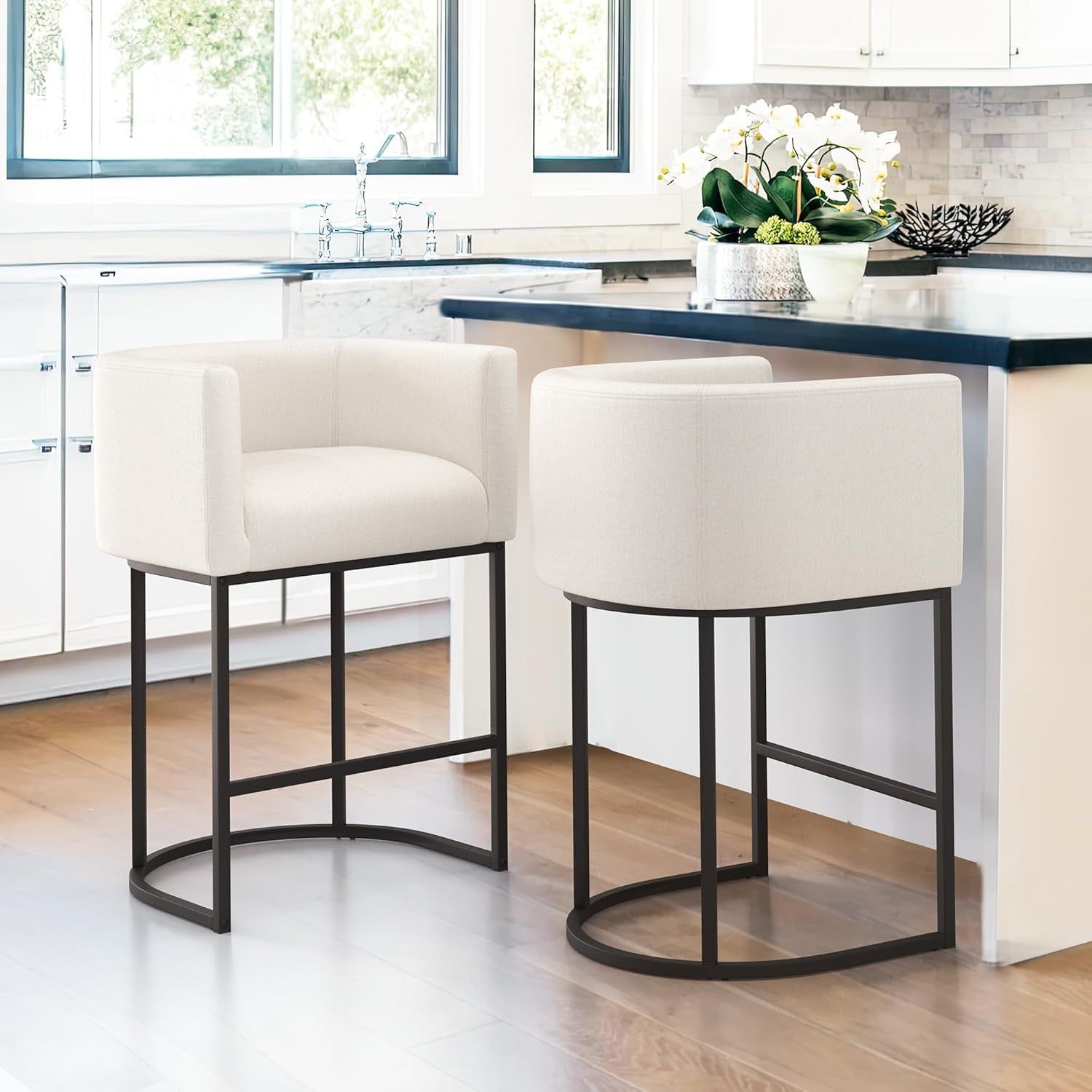 27&quot; H Counter Height Bar Stools Set of 2, Modern Barrel Counter Stools with Backrest and Arms, Black Metal Frames, Linen Fabric Upholstered Accent Barstools for Kitchen Island, Beige
