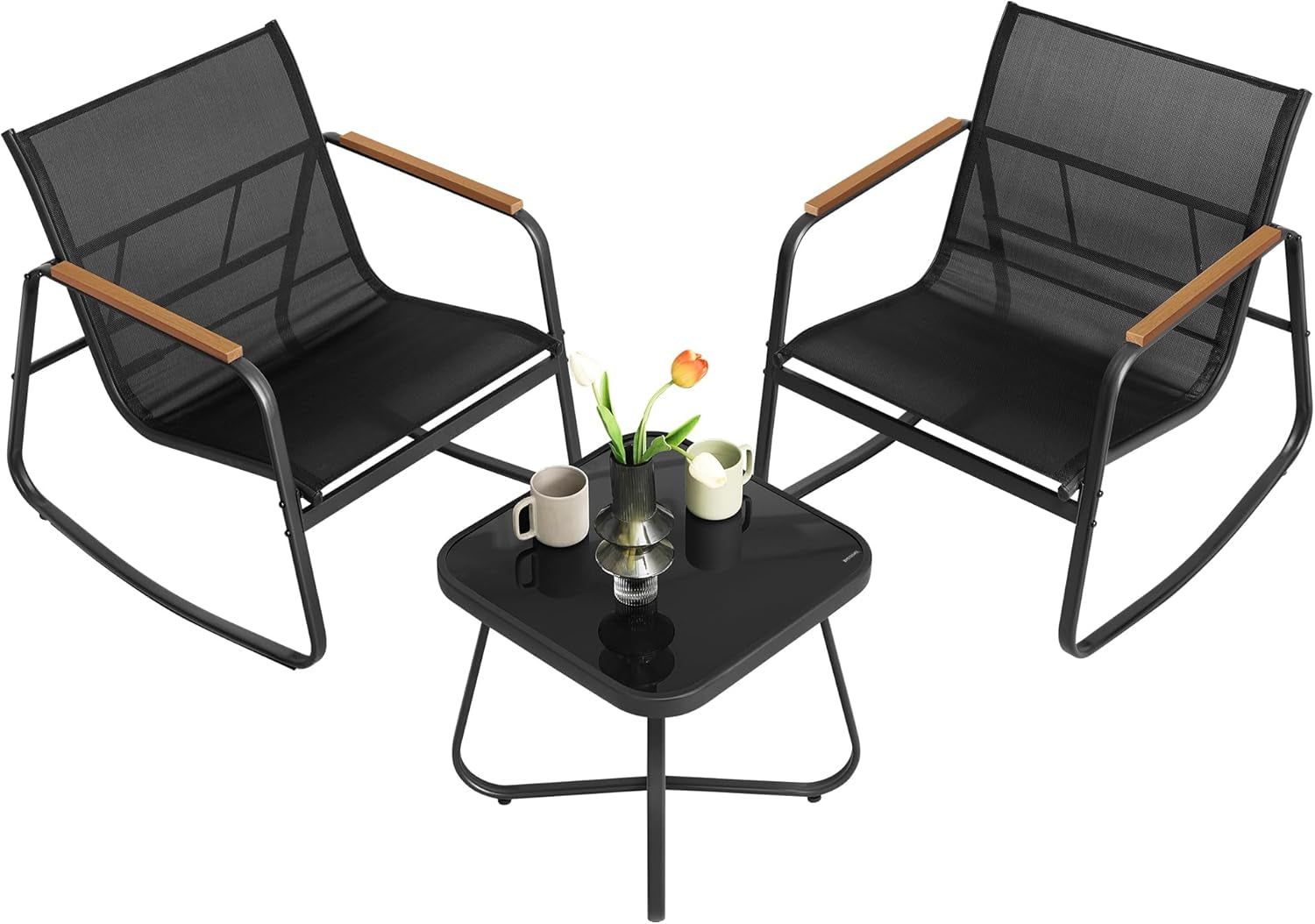 3-Piece Patio Furniture Set, Garden Coversation Set, 2 Rocking Chairs, Table, Outdoor Lawn Backyard, Steel, with Armrests, Breathable Synthetic Fabric, Ink Black UGGF0027B01