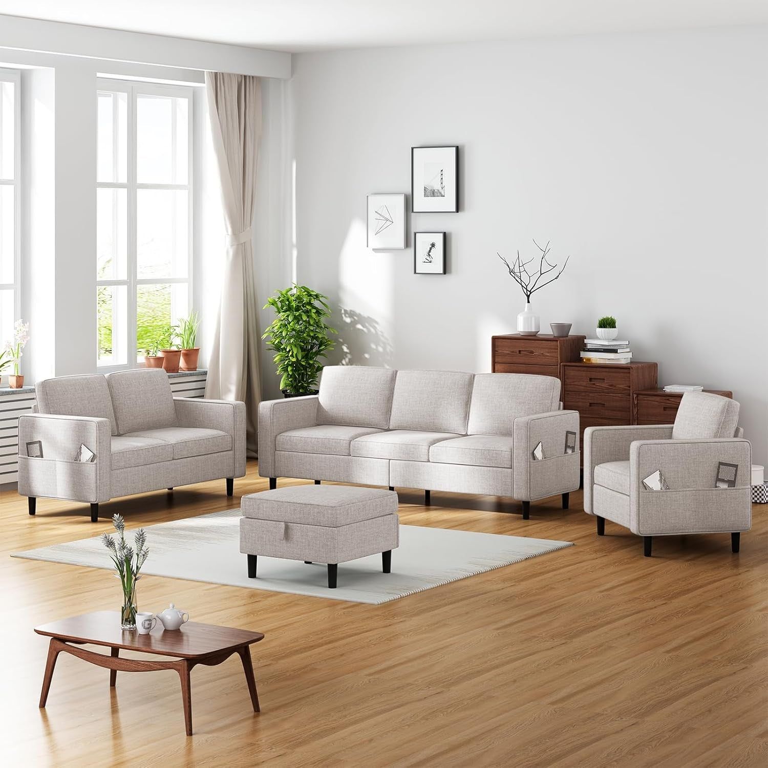 6 Seaters Sectional Upholstered Sofa, Linen Fabric Sofa Couch with Side Pockets, Free Combination Sofa Set with Movable Storage Ottoman, for Living Room-Sofa&amp;Loveseat&amp;Chair&amp;Ottoman,Beige