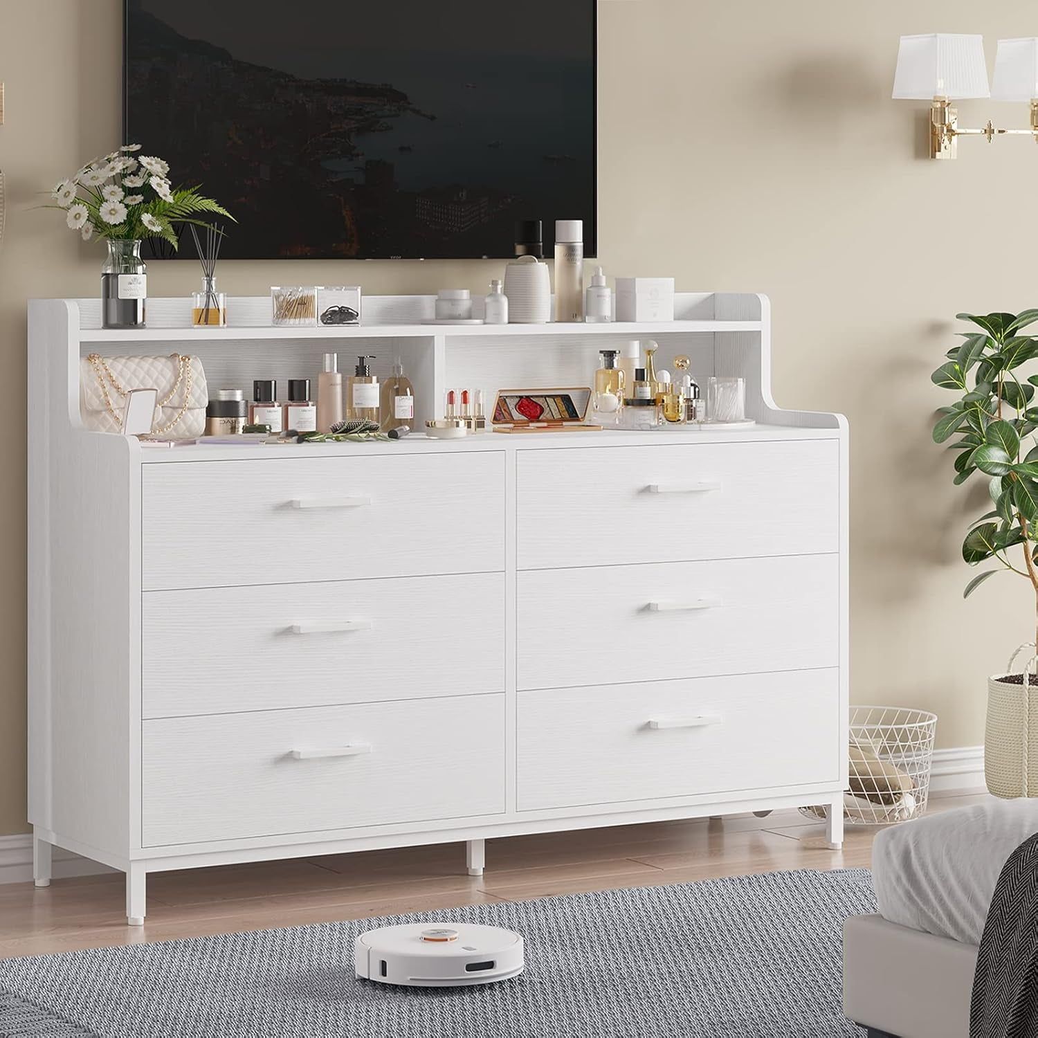 White Dresser for Bedroom with 6 Drawers and Storage Shelves, Wide Chest of Drawers with Sturdy Steel Legs, Large Wooden Storage Tower Dresser Organizer, Dresser for Bedroom, Clost, Entryway