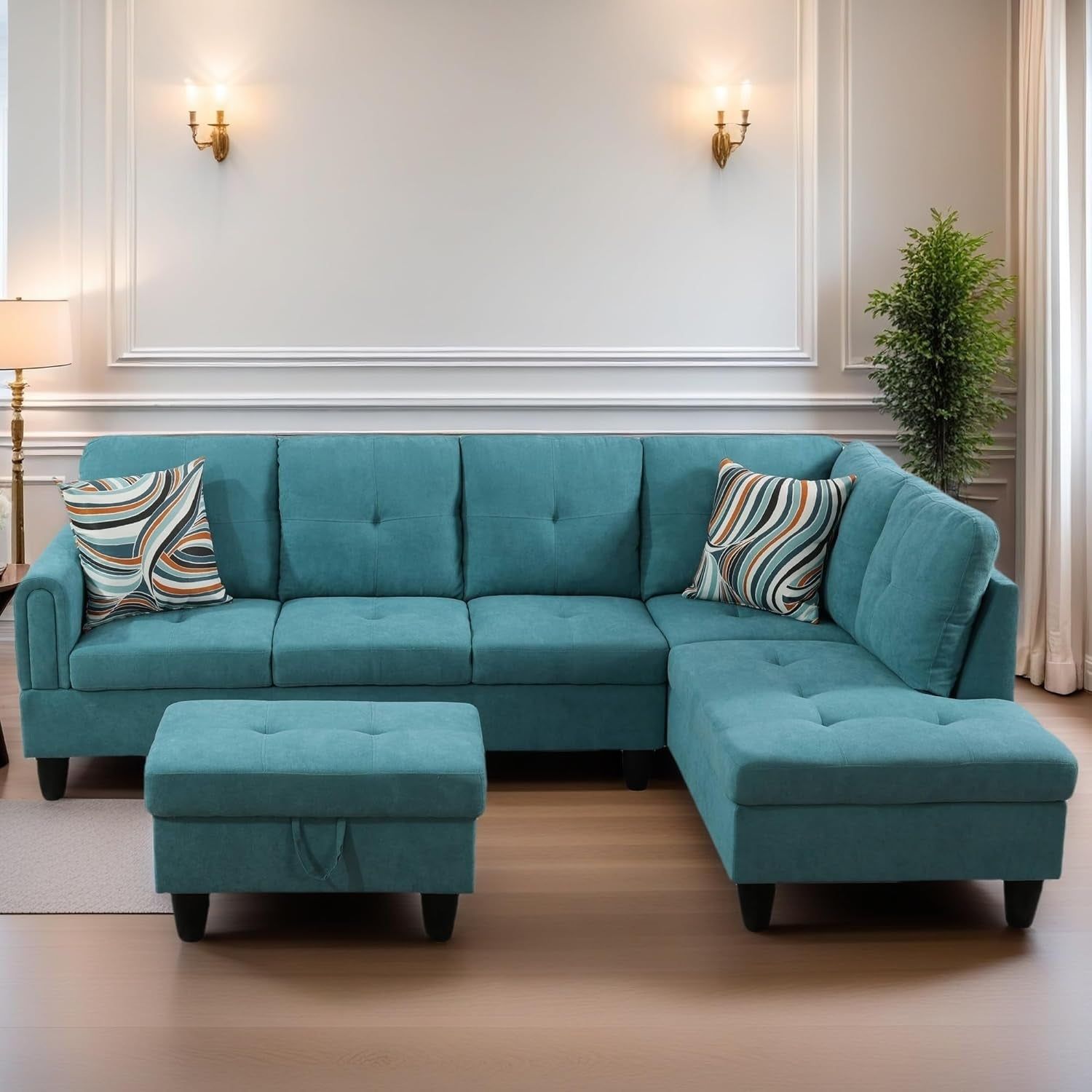 L Shaped Sectional Couches for Living Room, Modern Modular Sectional Sofa with Ottoman Storage, Comfy L Shaped Couch with Chaise for Bedroom Apartment Furniture, Green