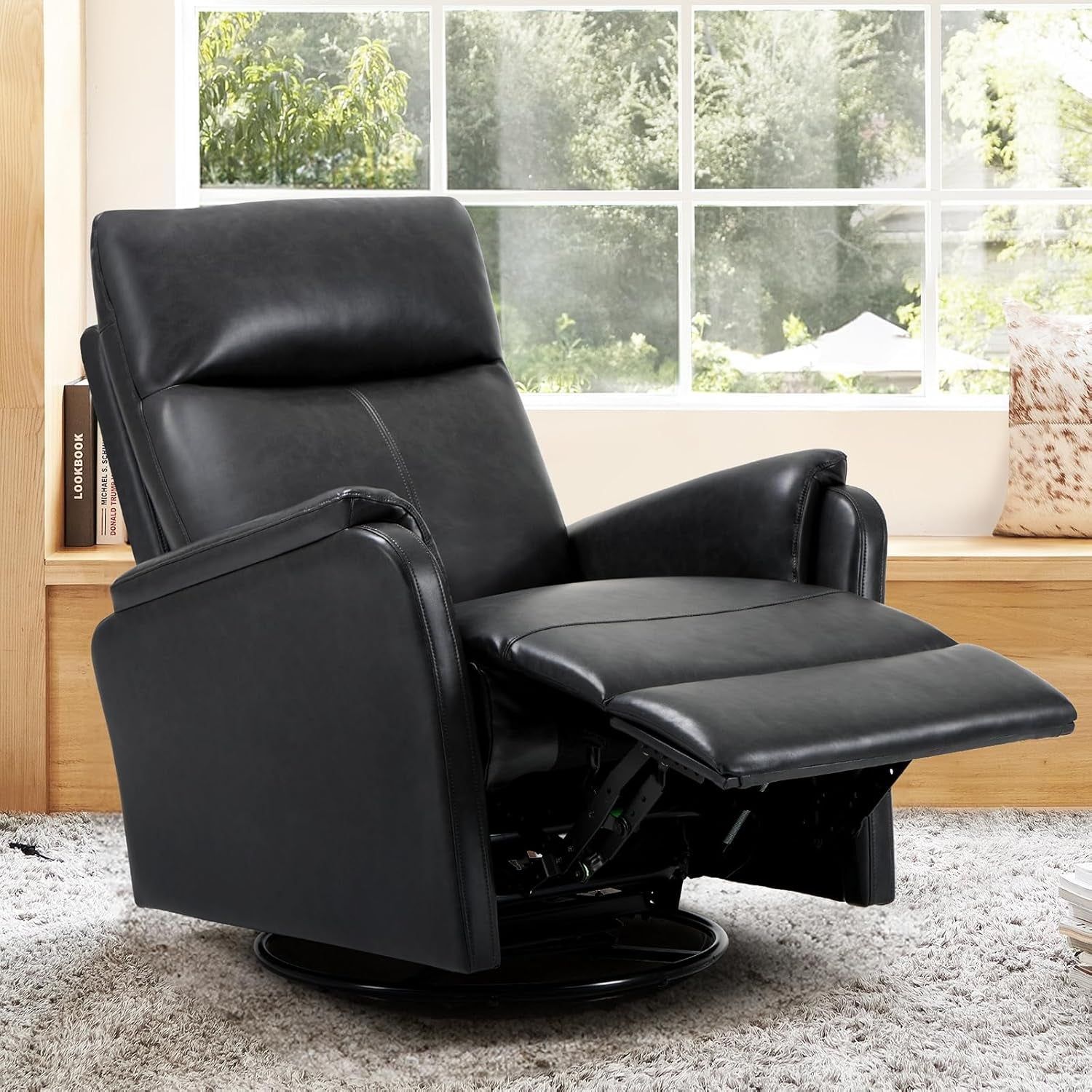 Swivel Rocking Recliner Glider Chair, Leather Reclining Rocker Chair with Footrest for Living Room, Nursery, Office, Bedroom, Ergonomic High Backrest, Wide Seat Cushion and Metal Base-Charcoal