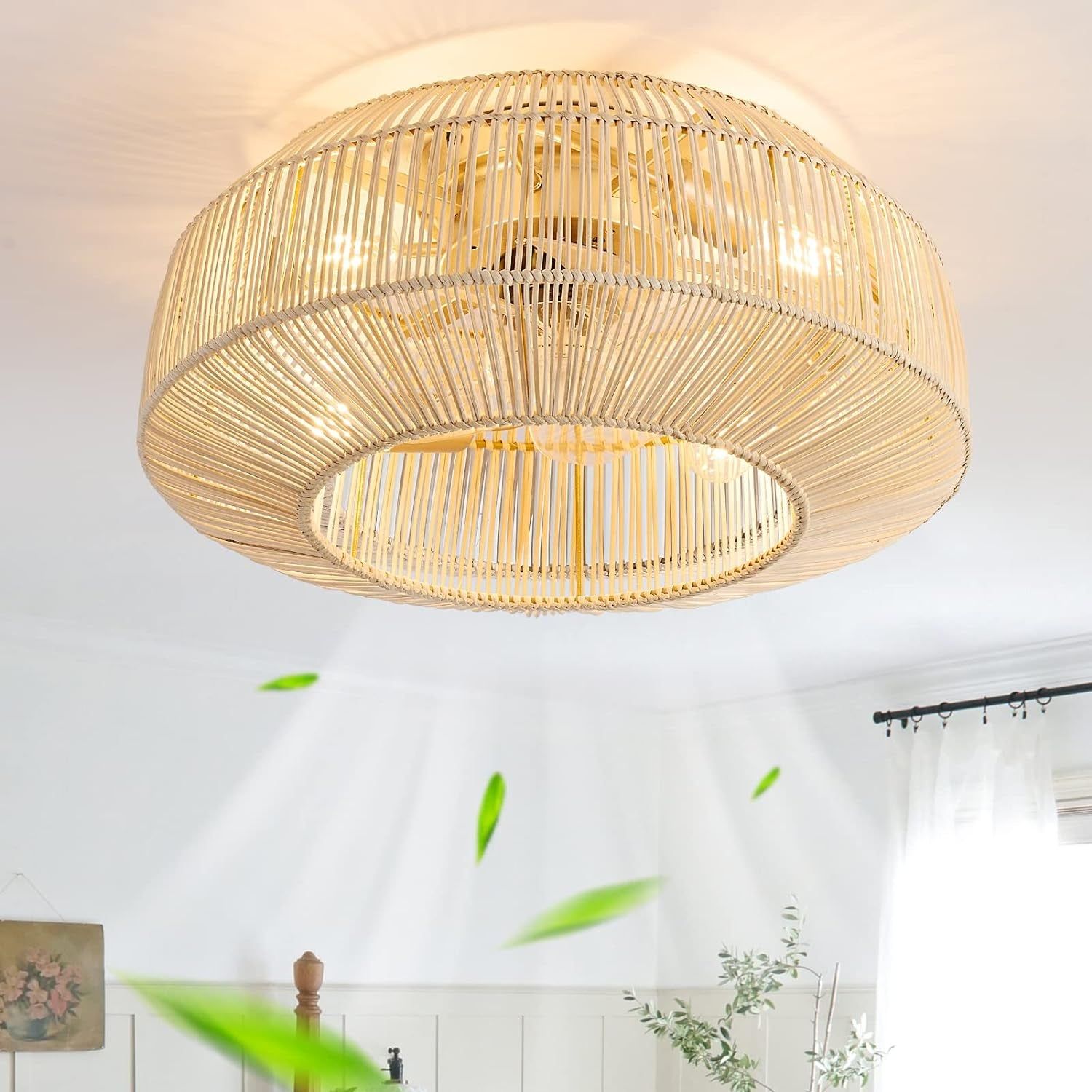 20&quot; Boho Caged Ceiling Fan with Lights Flush Mount, Low Profile Rattan Ceiling Fans with Lights and Remote Control, Enclosed 6 Speeds for Bedroom, Living Room, Kitchen