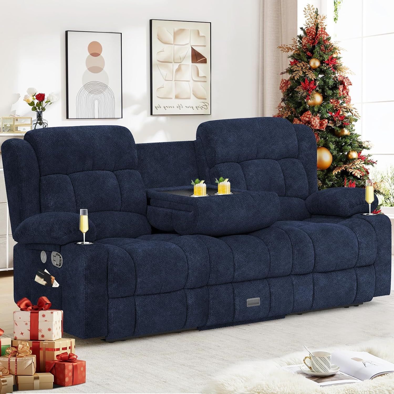 Loveseat Recliner Sofa, Flip Middle Backrest Design 3 Seat Reclining Sofa with Storage Drawer, USB Ports &amp; Cup Holders, Manual Couch for Living Room/Rv (Blue)