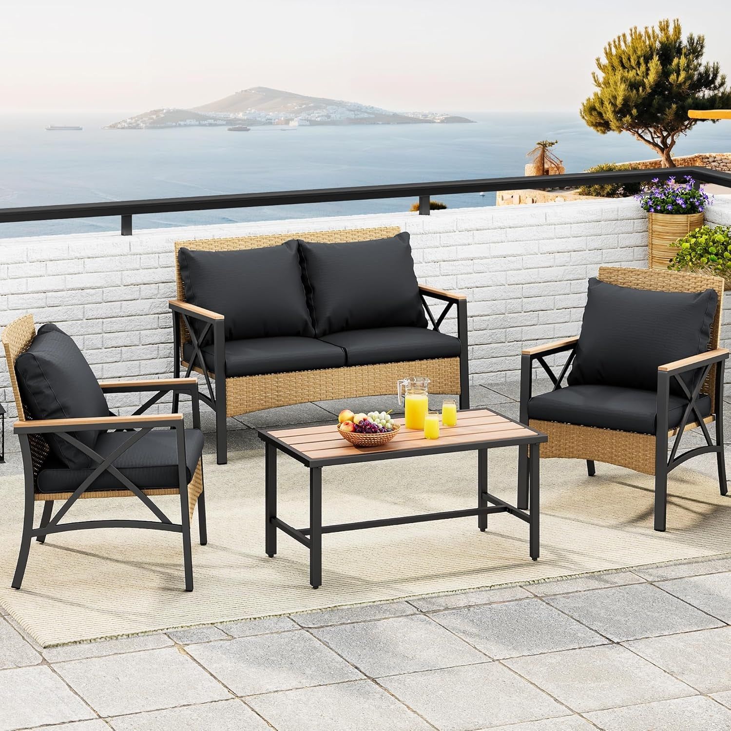 4-Piece Patio Wicker Furniture Set with Wood Armrest, All Weather Rattan Conversation Furniture Sets for Backyard, Balcony, Deck W/Soft Cushions and Plastic Wood Table (Light Brown+Black)