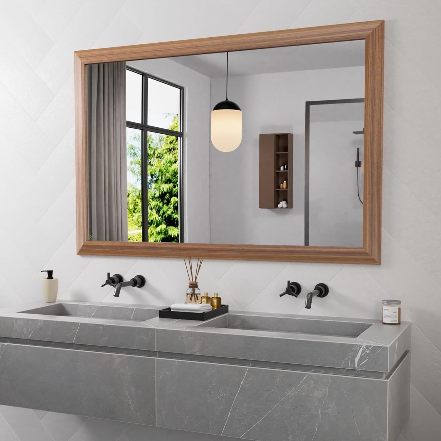 Bathroom Mirror, 48X32 Inch Wall Mirror, Walnut Wood Grain Metal Framed, Anti-Rust, Hang Horizontally/Vertically, Suitable for Vanity, Bedroom, Farmhouse, Bathroom