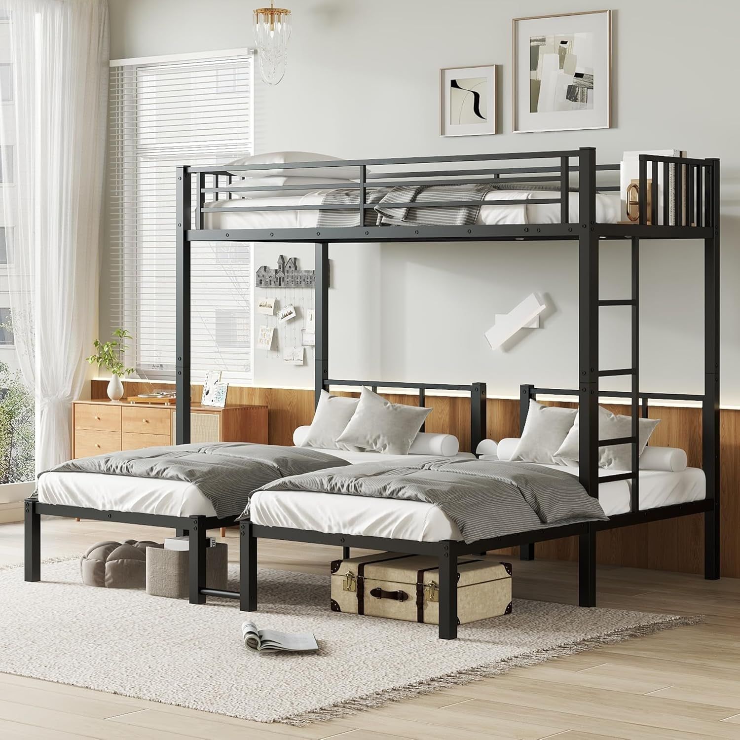 Twin over Twin over Twin Bunk Bed for 3 Kids, Heavy Duty Triple Bunk Bed with Guardrails and Ladder, Twin over Twin over Twin Triple Bunk for Kids, Teens, Black