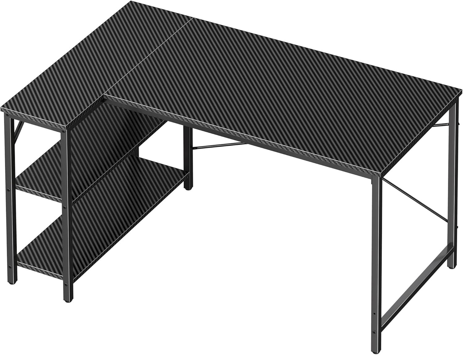 L Shaped Desk, 47 Inches Computer Desk with Reversible Storage Shelves, Gaming Desk, Corner Desk Home Office Desks, Writing Desk Study Desk with Metal Frame, Carbon Fiber Black