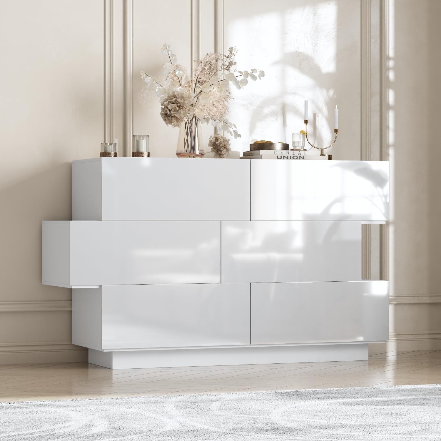White Drawer Dresser for Bedroom, Modern High Gloss Dresser with 6 Drawers, Double Dresser Storage Chest of Drawer with Asymmetrical Design for Bedroom, Living Room, Entryway