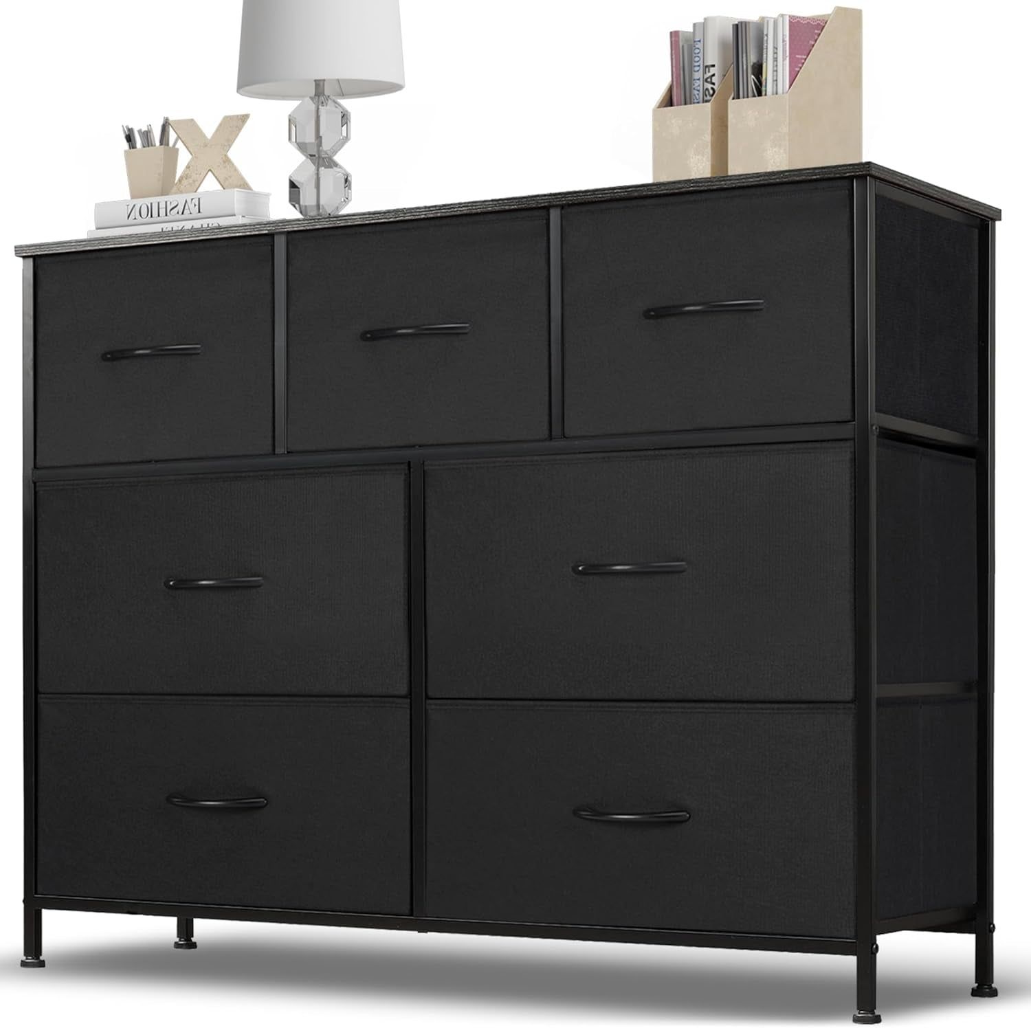 Dresser for Bedroom, 7 Storage Drawers, Anti-Tip Wide Fabric Closet Chests Organizer Tower Furniture, TV Stand for TV up to 45 Inch with Wooden Top Metal Frame for Clothes, Living Room