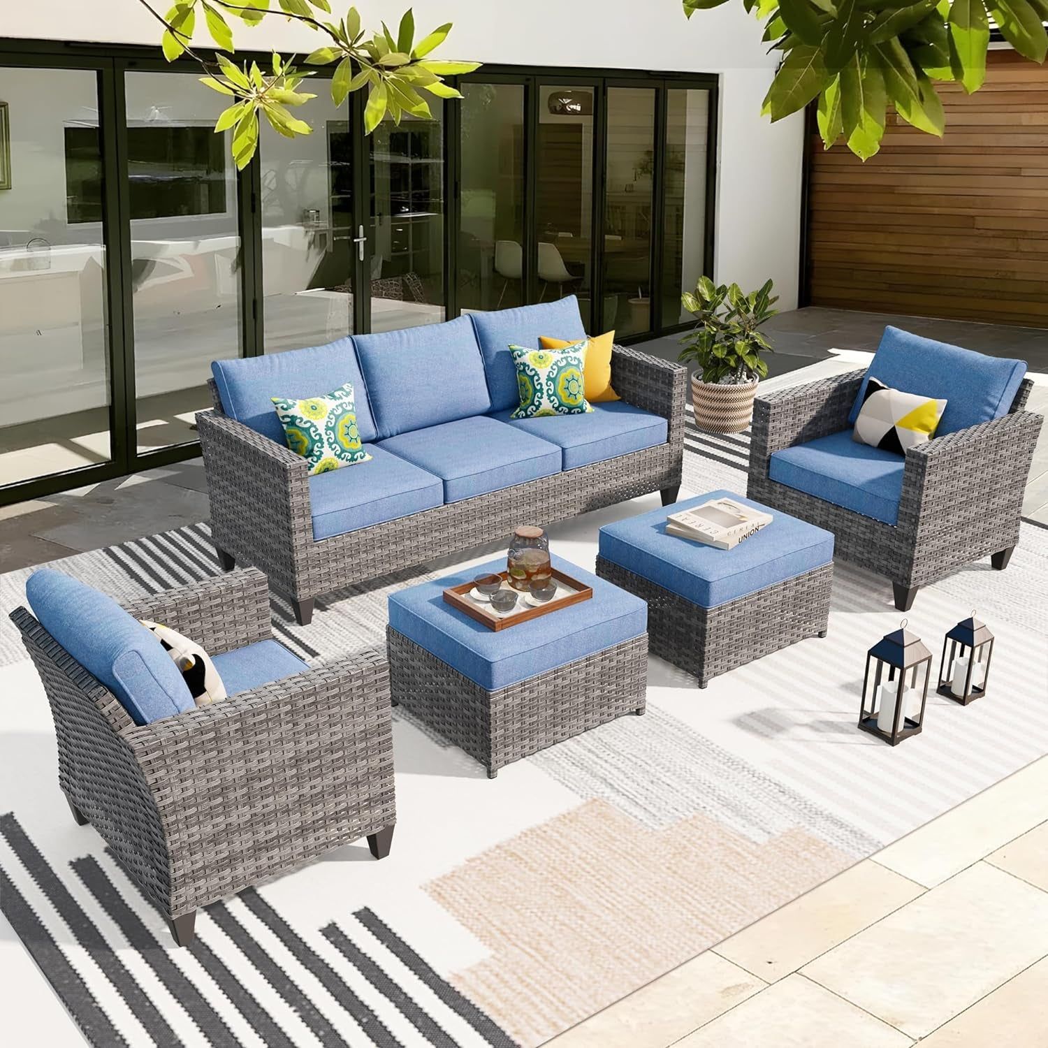 Patio Furniture Set, 5 Pieces Outdoor Wicker Rattan Sofa Couch with Chairs, Ottomans and Comfy Cushions, All Weather High Back Conversation Set Garden Backyard, Denim Blue
