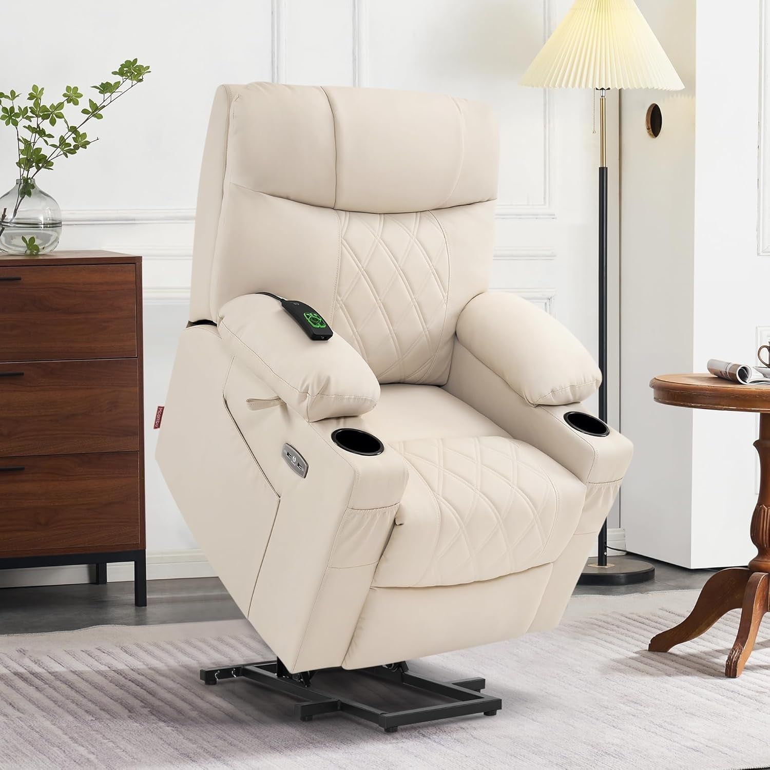 Small Size Power Lift Recliner Chair Sofa with Massage and Dual Heating, Adjustable Headrest for Elderly People Petite, USB Ports, Extended Footrest, Faux Leather 7111 (Cream White)