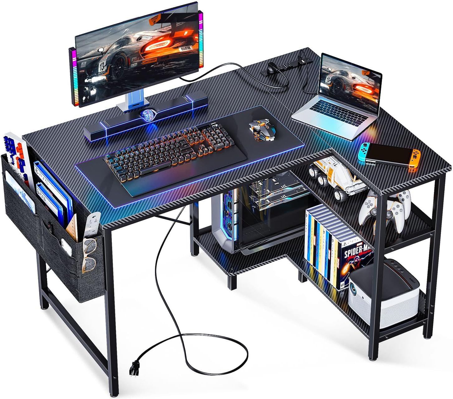 40 Inch Small L Shaped Gaming Computer Desk with Power Outlets, Corner Desk with Reversible Storage Shelves &amp; PC Stand for Small Space, Modern Simple Home Office Table, Carbon Fiber Surface, Black
