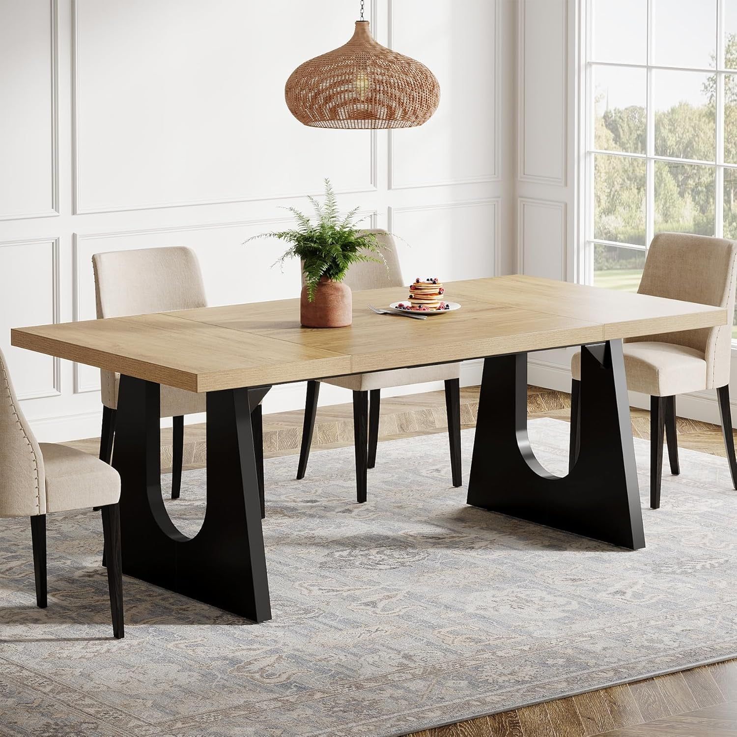 Large Dining Table for 6-8 People, 70.9-Inch Wood Rustic Rectangular Table with Black Wooden Legs, Farmhouse Center Kitchen Table for Dining Room, Living Room, Home Furniture, Oak and Black