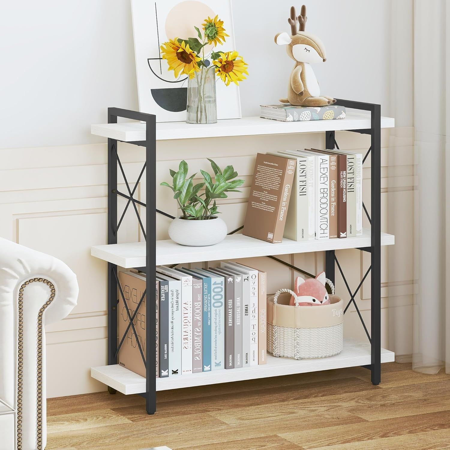 Bookshelf, 3-Tier Industrial Bookcase, Open Book Shelf, Freestanding Horizontal Bookshelves with Metal Frame