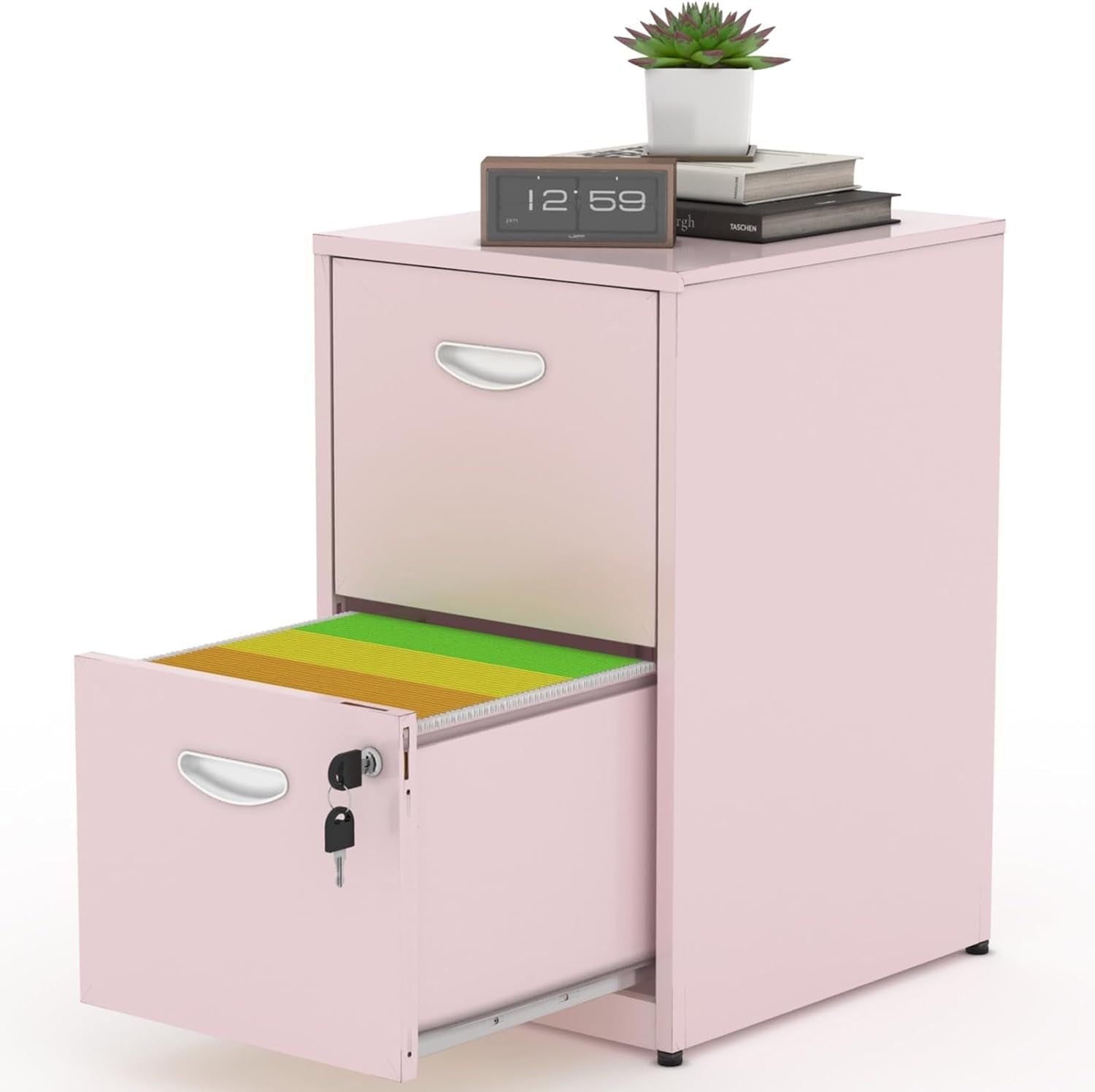Pink File Cabinet, 2 Drawer Filing Cabinet with Lock, under Desk File Cabinet for Home Office, Metal Locking File Cabinet for Letter Size, Vertical Small Filing Cabinets - Assembly Required