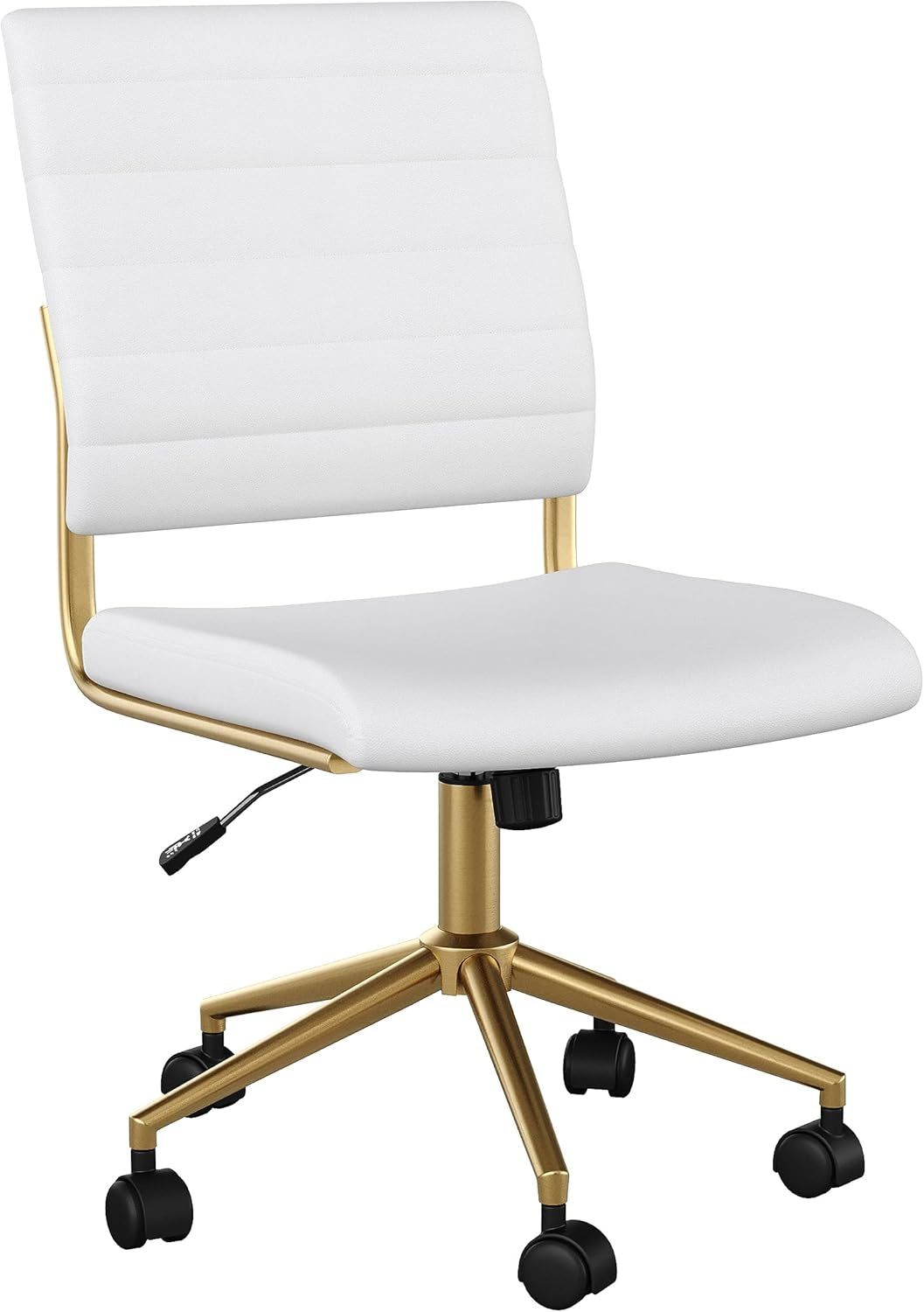 Ivy Armless Swivel Task Chair for Home Office in White Faux Leather with Polished Brass Frame