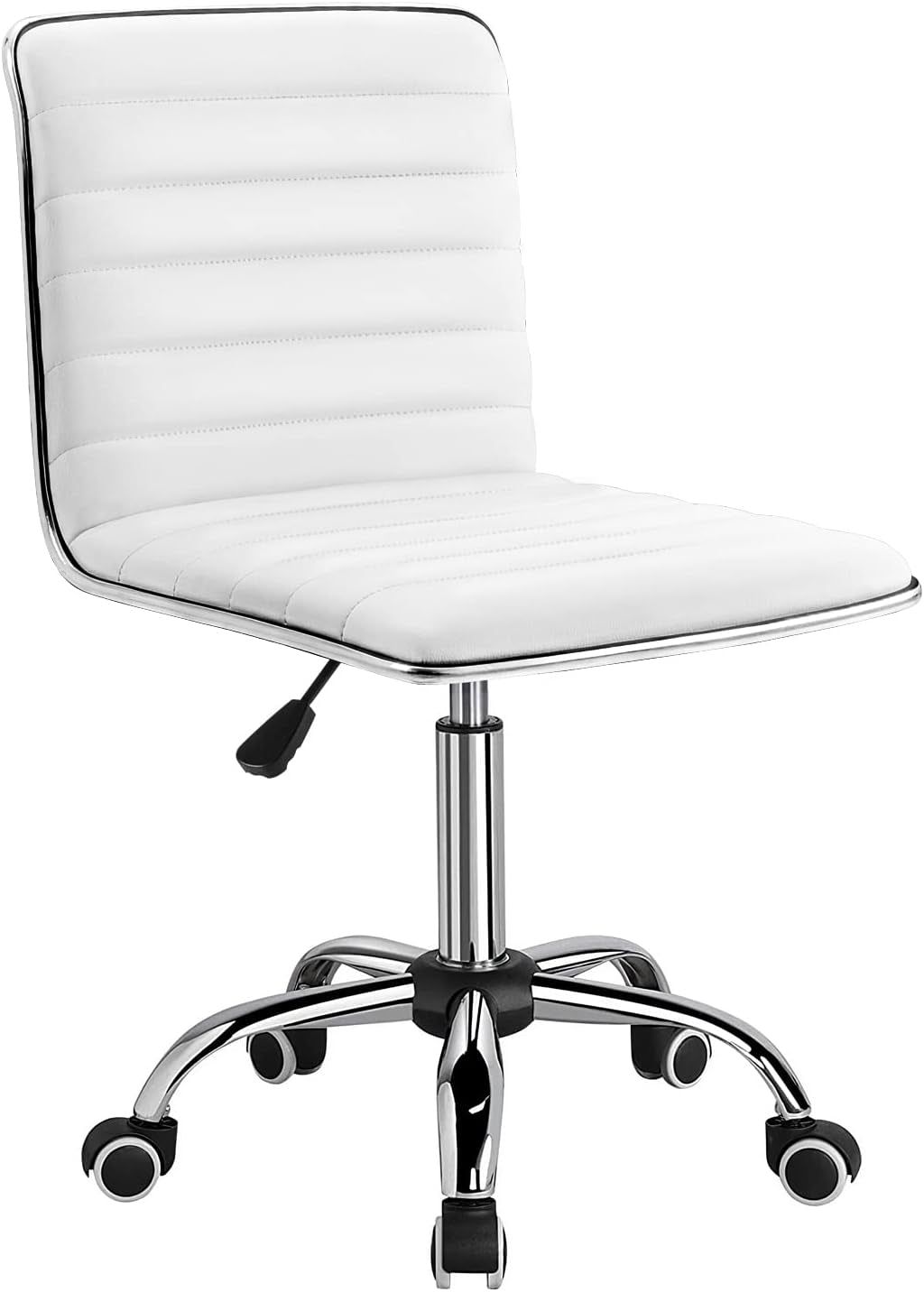 Mid Back Vanity Chair for Makeup Room, Low Back PU Leather Swivel Computer Desk Chair, Task and Office Chair Retro with Armless Ribbed (White)