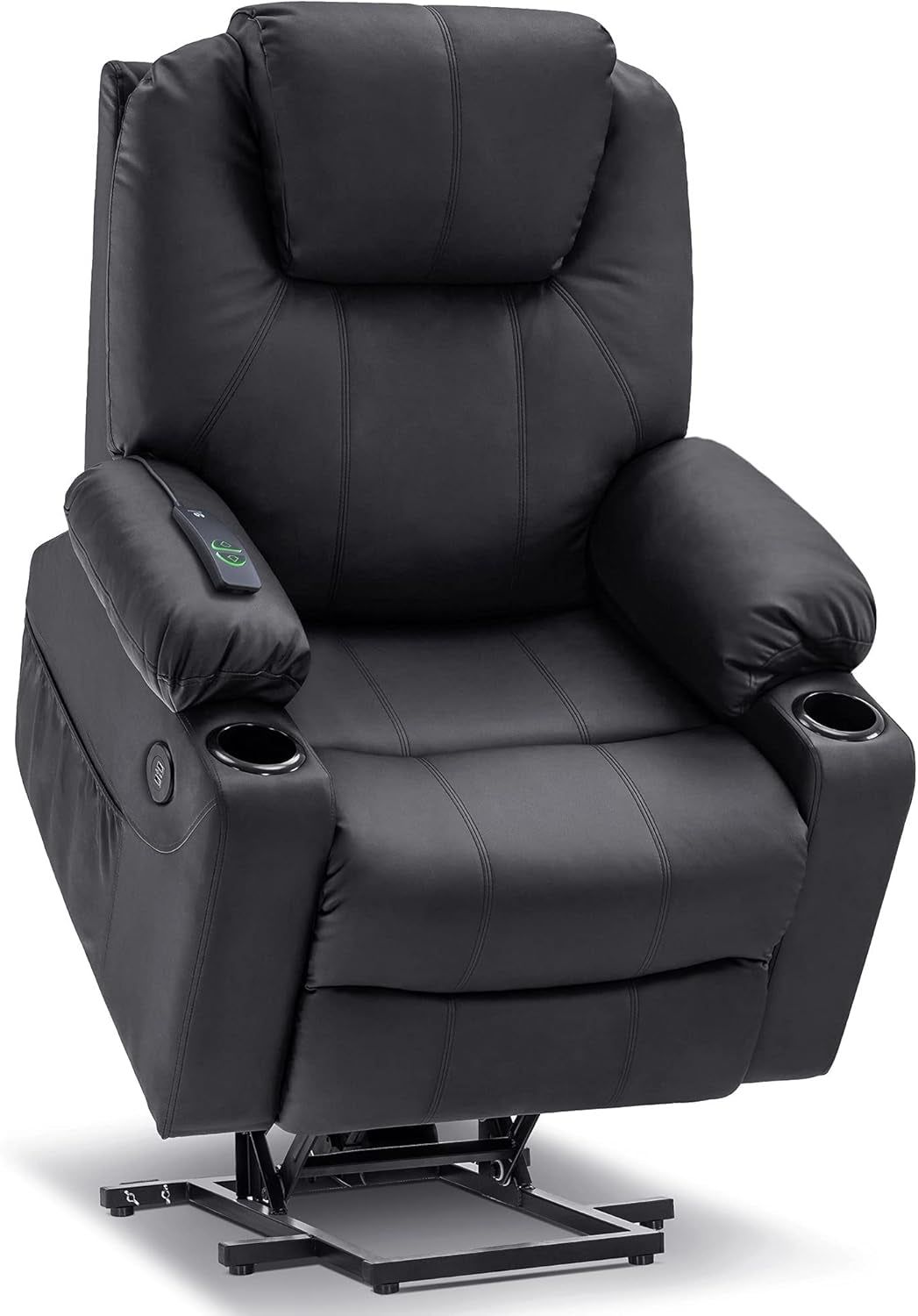Electric Power Lift Recliner Chair Sofa with Massage and Heat for Elderly, 3 Positions, 2 Side Pockets, and Cup Holders, USB Ports, Faux Leather 7040 (Black, Medium)