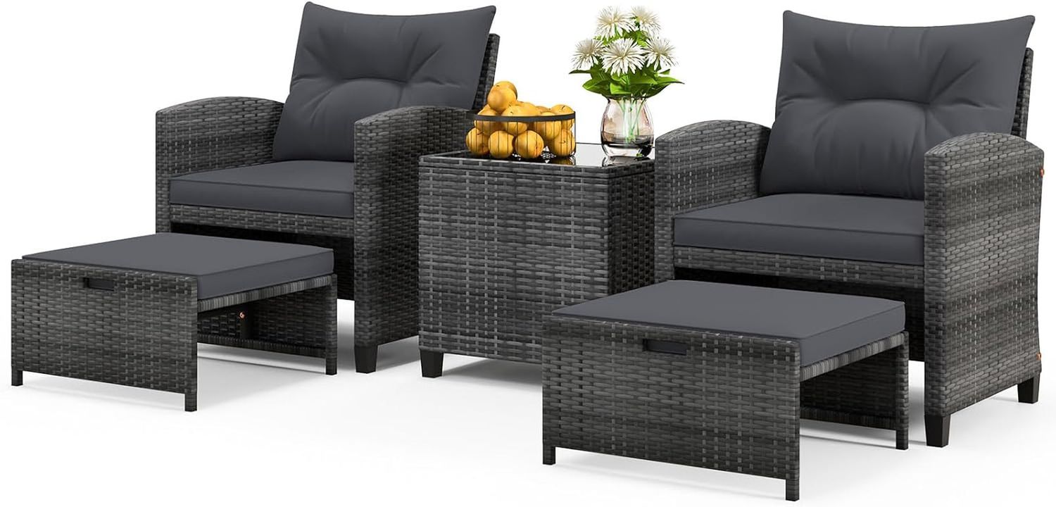 5 Pieces Patio Furniture Set with Ottoman, Wicker Conversation Set W/Cushions, Glass Coffee Table, Outdoor Lounger Rattan Chairs Bistro Set for Porch Balcony Garden Deck Poolside (Grey)