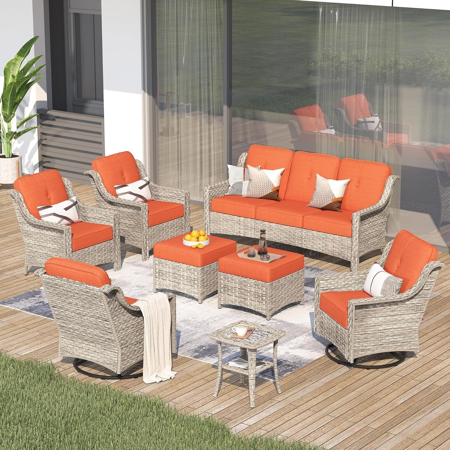 Outdoor 8 Piece Patio Furniture with Cozy Comfortable Swivel Chair,Rattan Wicker Coversation Couch Set with 3 Seater Sofa,Sectional Set for outside Patio Balcony Backyard Pool,Orange