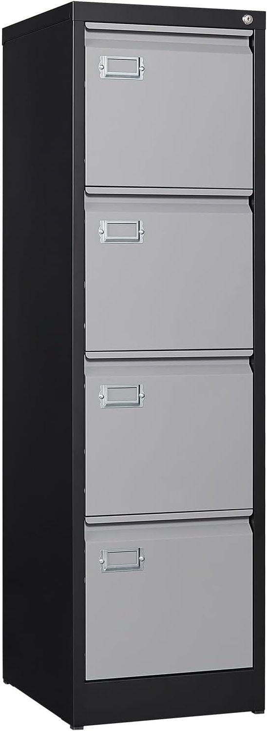 4 Drawer File Cabinet, Vertical Filing Cabinets with Lock, Metal File Cabinets for Home Office, Anti-Tip 4 Storage Drawers for Letter/Legal/A4/F4 Size (Assemble Required, Black)