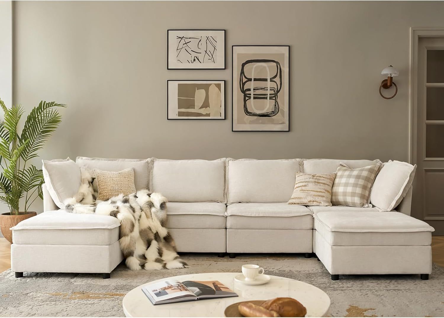 127&#39;&#39; Modular Sectional Sofa, Oversized U Shaped Couch with Storage Ottoman, Extra Deep Seat, Modern Comfy Chenille Sofa with Chaise, 6 Seat Convertible Couches for Living Room, Beige